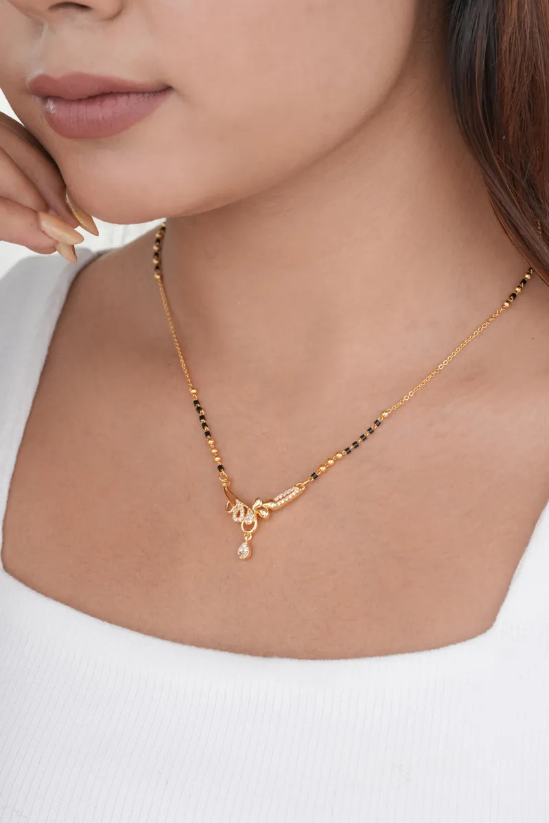 Buy 1 Get 1 Free - Gold Finish Asymmetric Crystal Bar Drop Mangalsutra