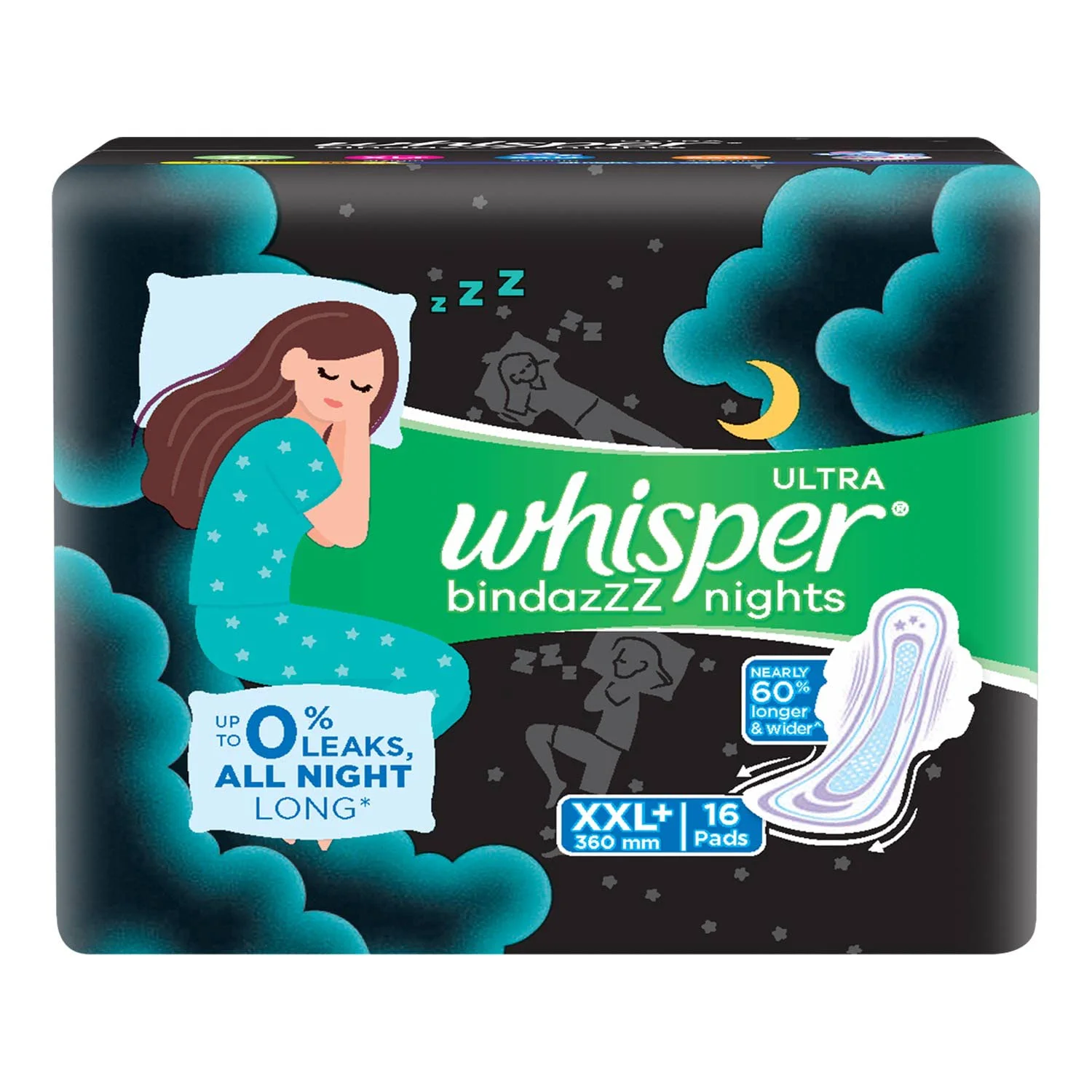 Whisper Bindazzz Night Sanitary Pads|Pack of 16 thin Pads|XXL+|upto 0% Leaks|60% Longer & Wider back|Dry top sheet|Long lasting coverage|Faster absorption|36 cm Long|With disposable wrap - image 2