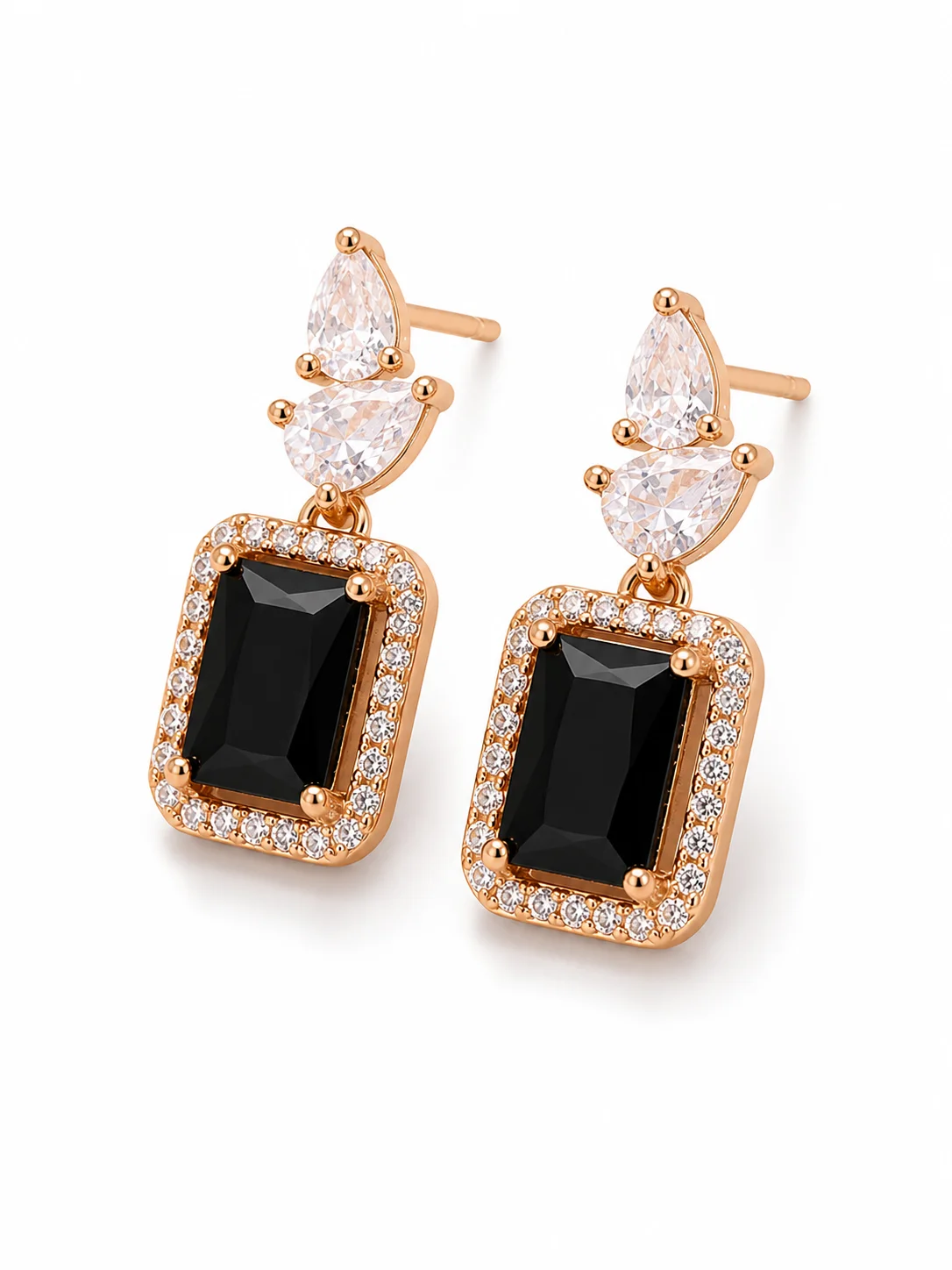 Buy 1 Get 1 Free -Rose gold Rectangle black Diamond fancy Earrings.