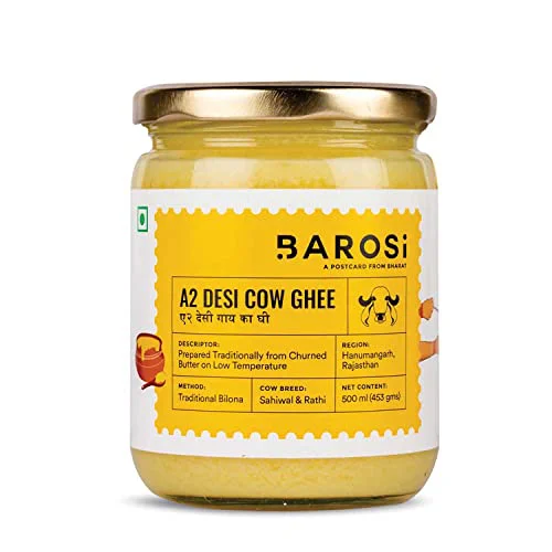 Barosi Premium A2 Cow Ghee 500 ml | A2 Danedar Desi Ghee | Churned from Curd with Bilona Method | Pure & Aromatic | Organic, Farm Made in Small Batches | Glass Jar Packing
