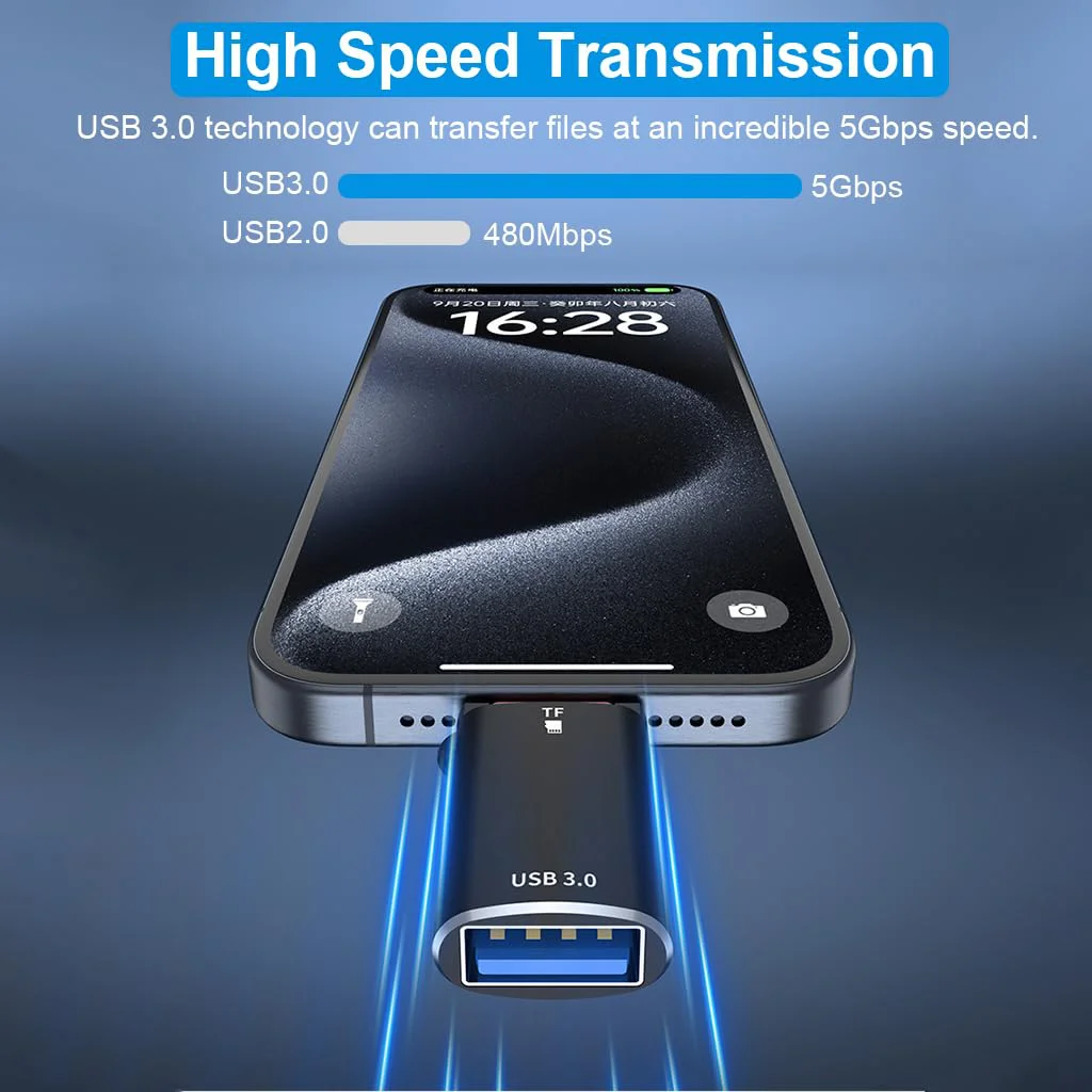 Verilux® OTG Type C to USB Card Reader 2 in 1 TF SD Card Reader Type C to USB 3.0 Adapter for iPhone 15 Memory Card Adapter High Speed USB 3.0 Adapter for iPhone 15, Samsung, Xiaomi, Huawei P40 - image 4