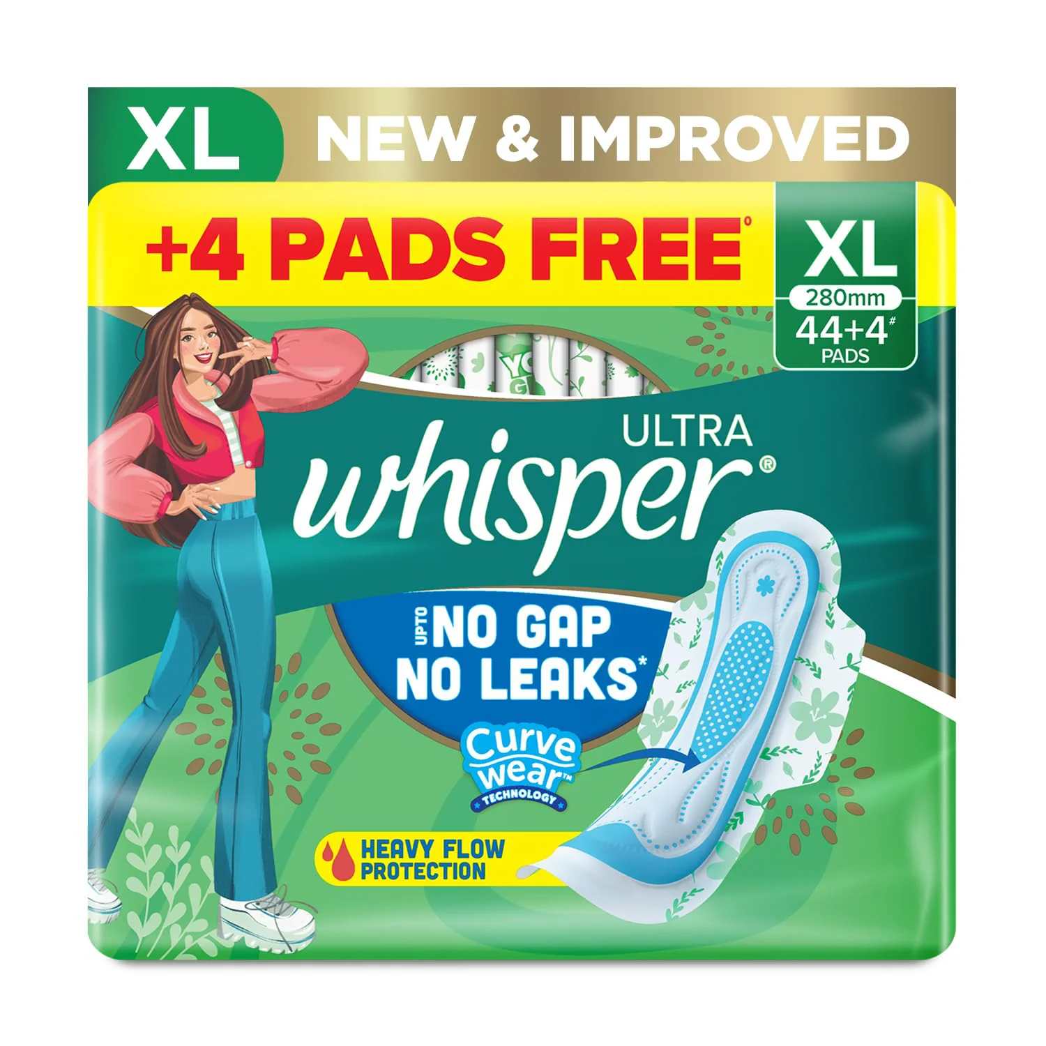 Whisper Ultra Upto No Gap No Leaks Sanitary Pads, 48 XL Pads, For Heavy Flow Protection, With CURVEWEAR™ Technology, Cotton Like Softness, Disposable Wrapper, Locks Odour & Wetness - image 2
