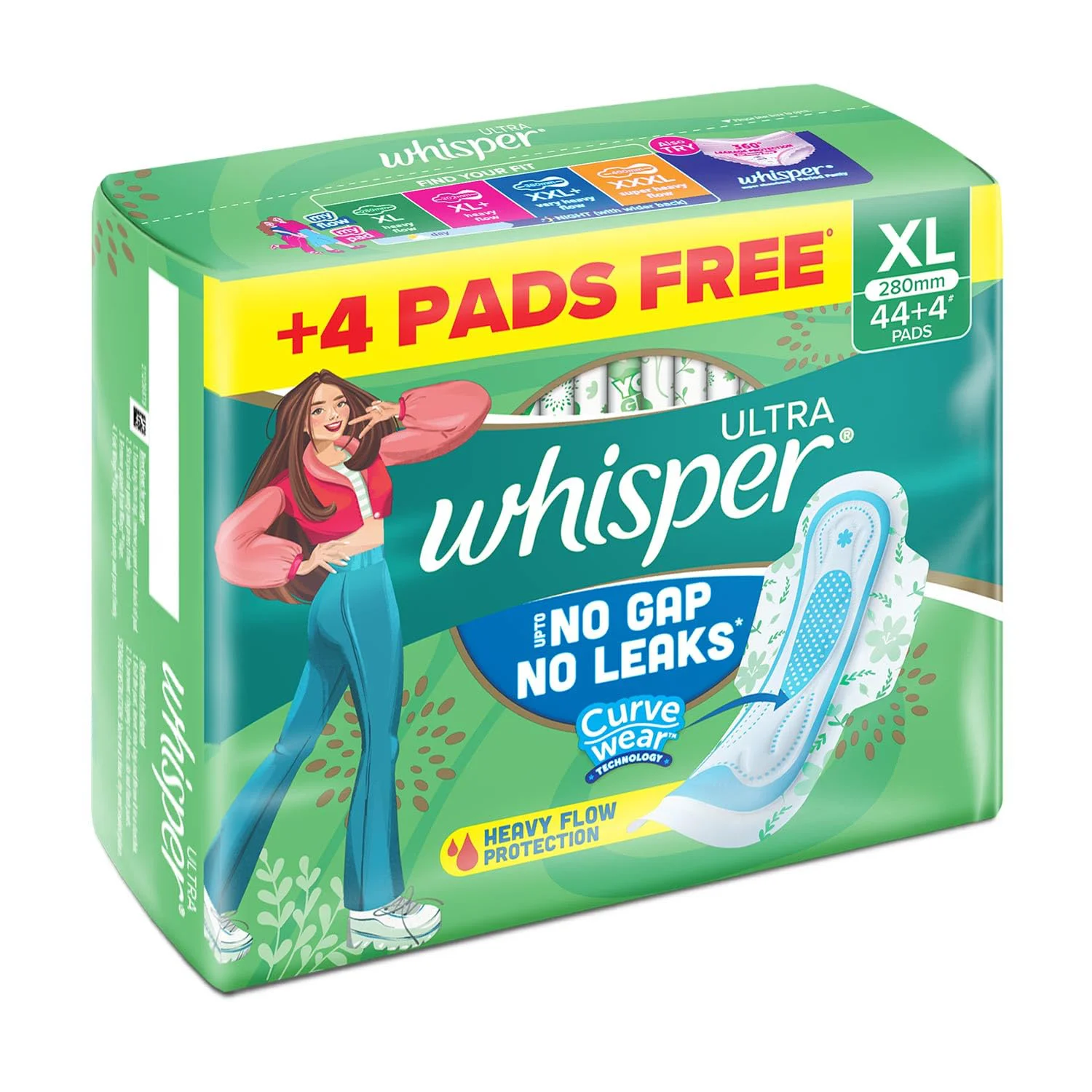 Whisper Ultra Upto No Gap No Leaks Sanitary Pads, 48 XL Pads, For Heavy Flow Protection, With CURVEWEAR™ Technology, Cotton Like Softness, Disposable Wrapper, Locks Odour & Wetness - image 4