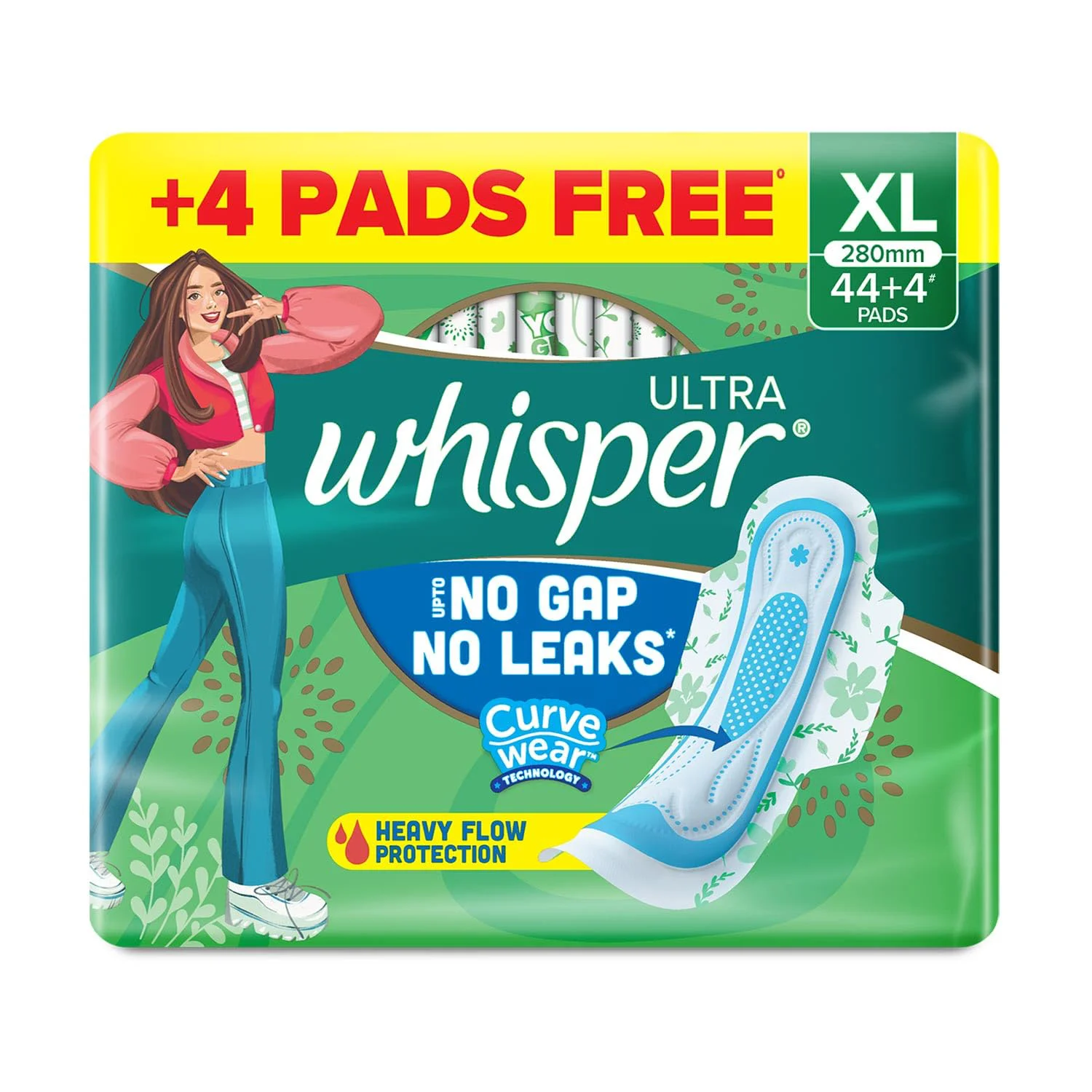 Whisper Ultra Upto No Gap No Leaks Sanitary Pads, 48 XL Pads, For Heavy Flow Protection, With CURVEWEAR™ Technology, Cotton Like Softness, Disposable Wrapper, Locks Odour & Wetness - image 5