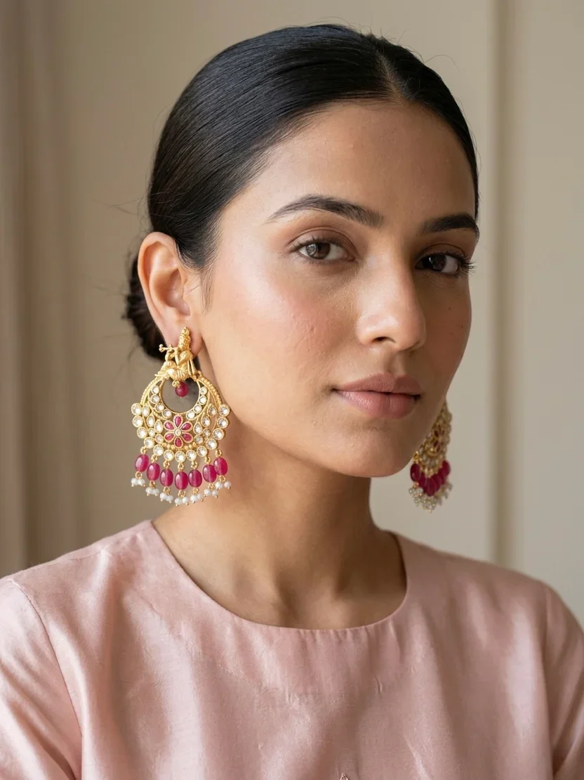 Krishna Design Kundan Chandbali Earrings with Pearls
