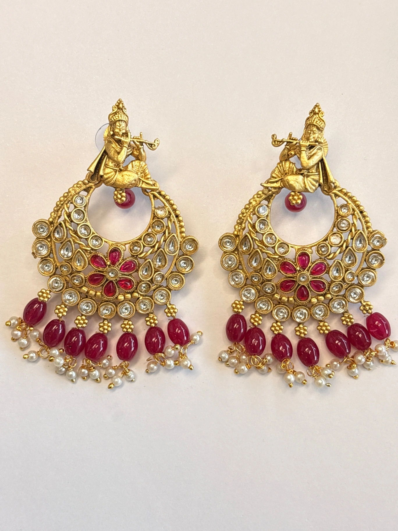 Krishna Design Red Kundan Chandbali Earrings