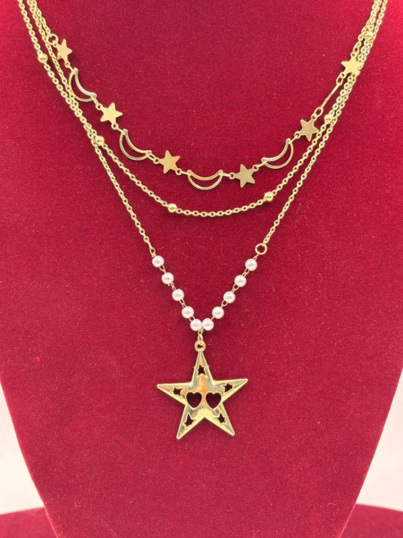 Layered Moon and Star Pendant Necklace – Artificial Jewellery for Women
