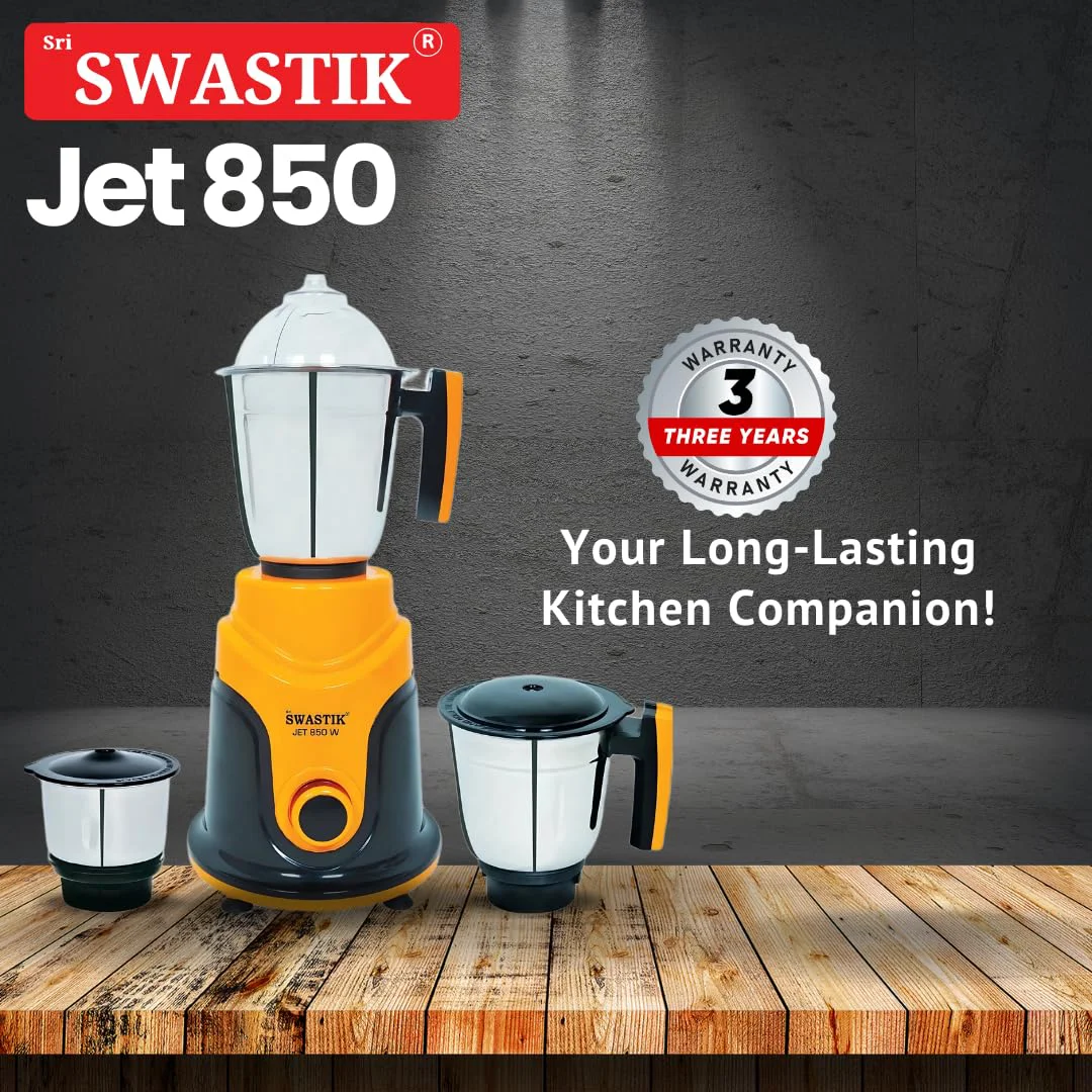 Sri Swastik Jet 850 Mixer Grinder | 850W Heavy-Duty Motor | 3 Stainless Steel Jars | Orange - image 3