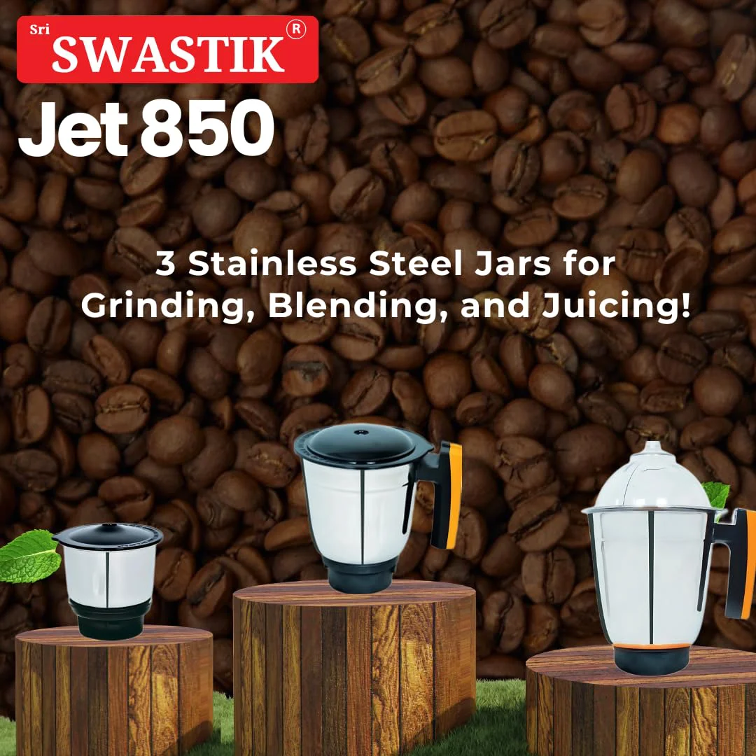 Sri Swastik Jet 850 Mixer Grinder | 850W Heavy-Duty Motor | 3 Stainless Steel Jars | Orange - image 4