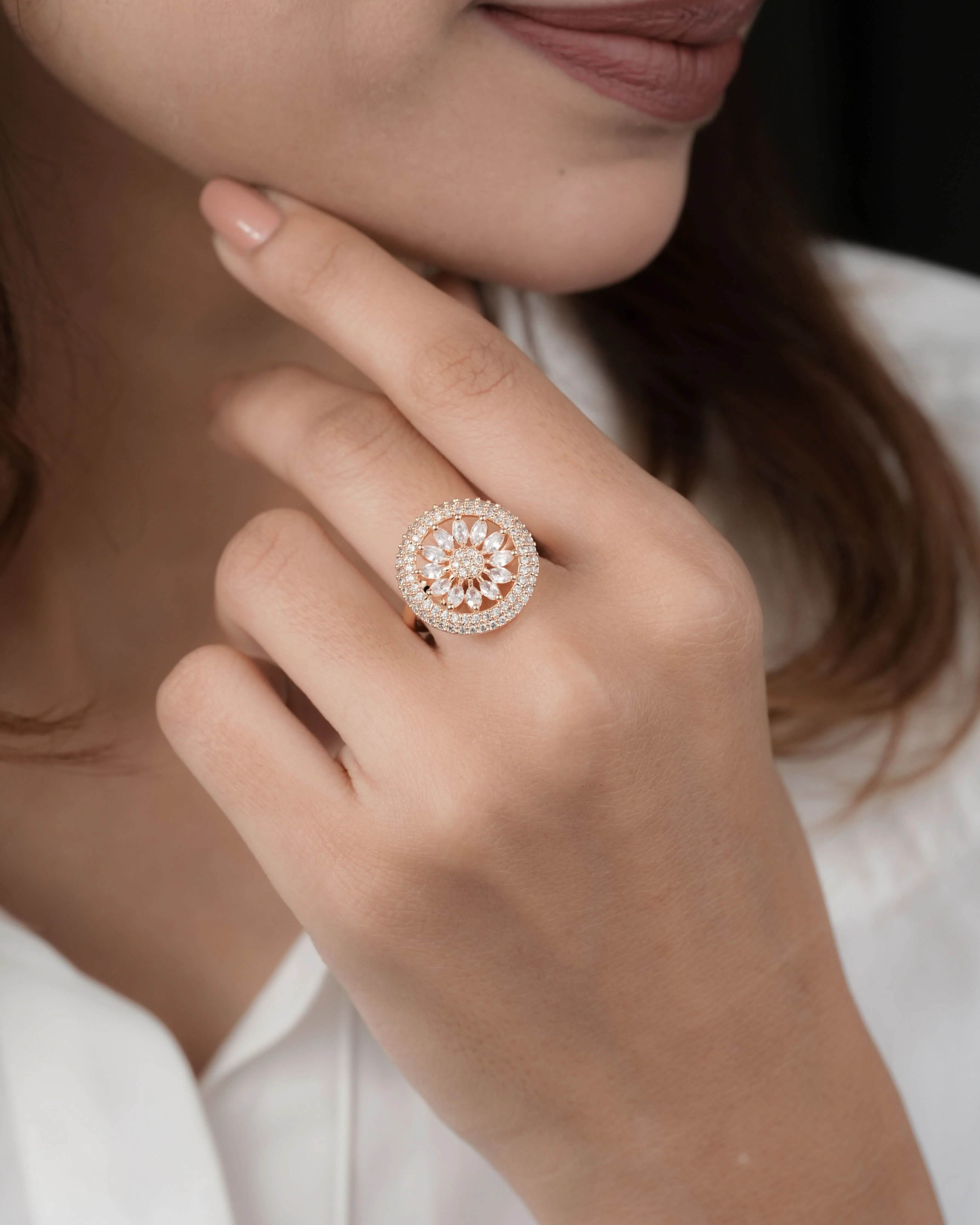 Radiant Floral Halo Adjustable Rose Gold Ring with Zircon Stones