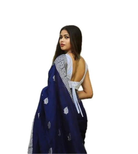 Women's Navy Silk Saree Indian And Pakistani Festival Sari With Blouse Material (NES8194 Navy 3) - image 2