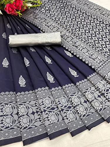 Women's Navy Silk Saree Indian And Pakistani Festival Sari With Blouse Material (NES8194 Navy 3) - image 3