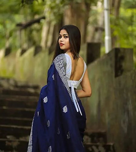 Women's Navy Silk Saree Indian And Pakistani Festival Sari With Blouse Material (NES8194 Navy 3) - image 4