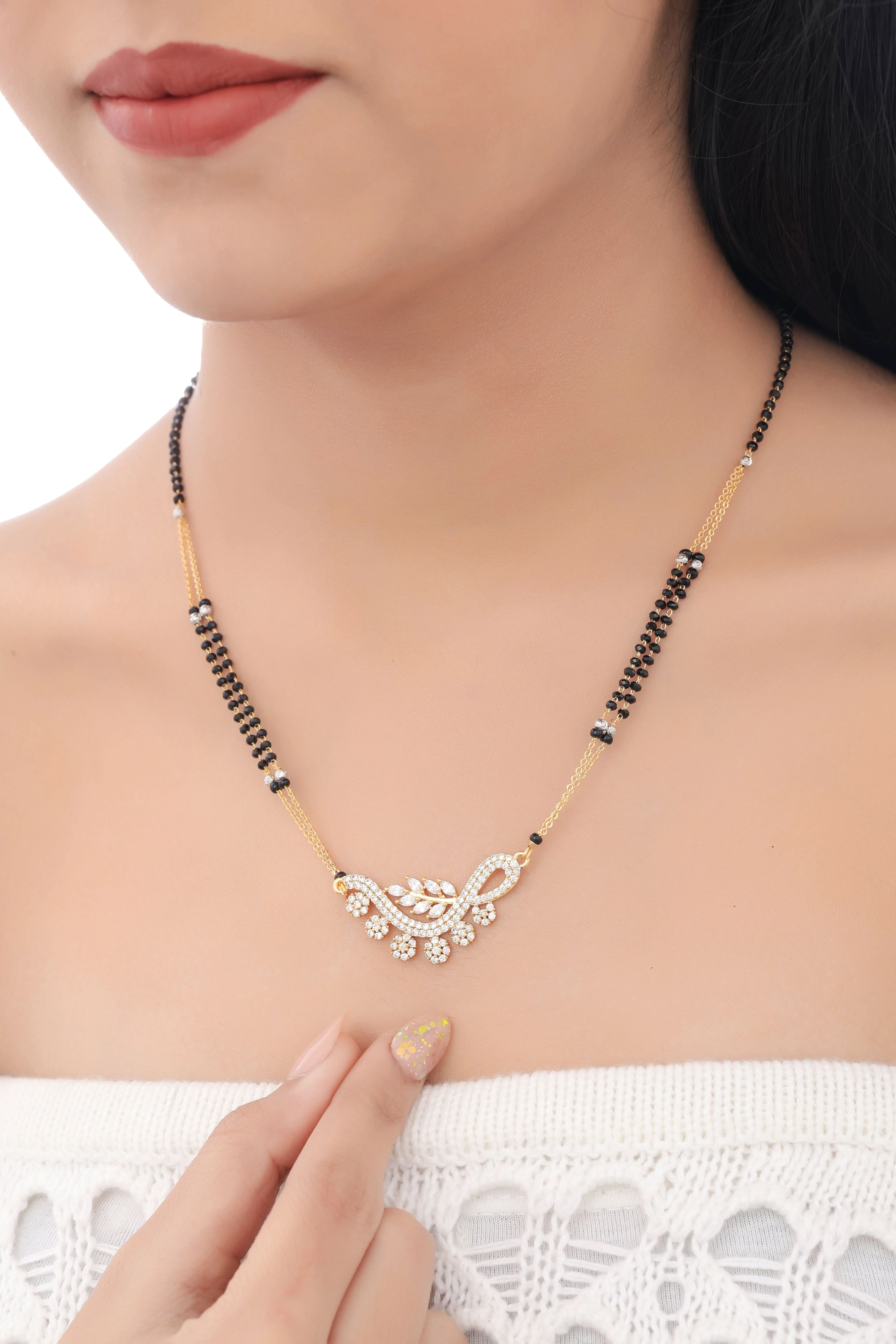 Buy 1 Get 1 Free -  Elegant CZ Leaf Curve Mangalsutra with Black Beads