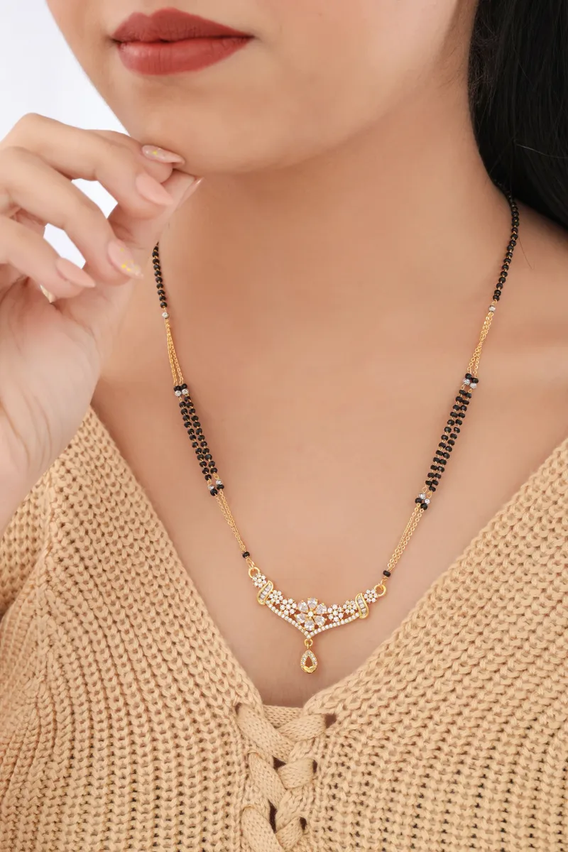 Buy 1 Get 1 Free - Floral Curve CZ Designer Mangalsutra with Black Beads