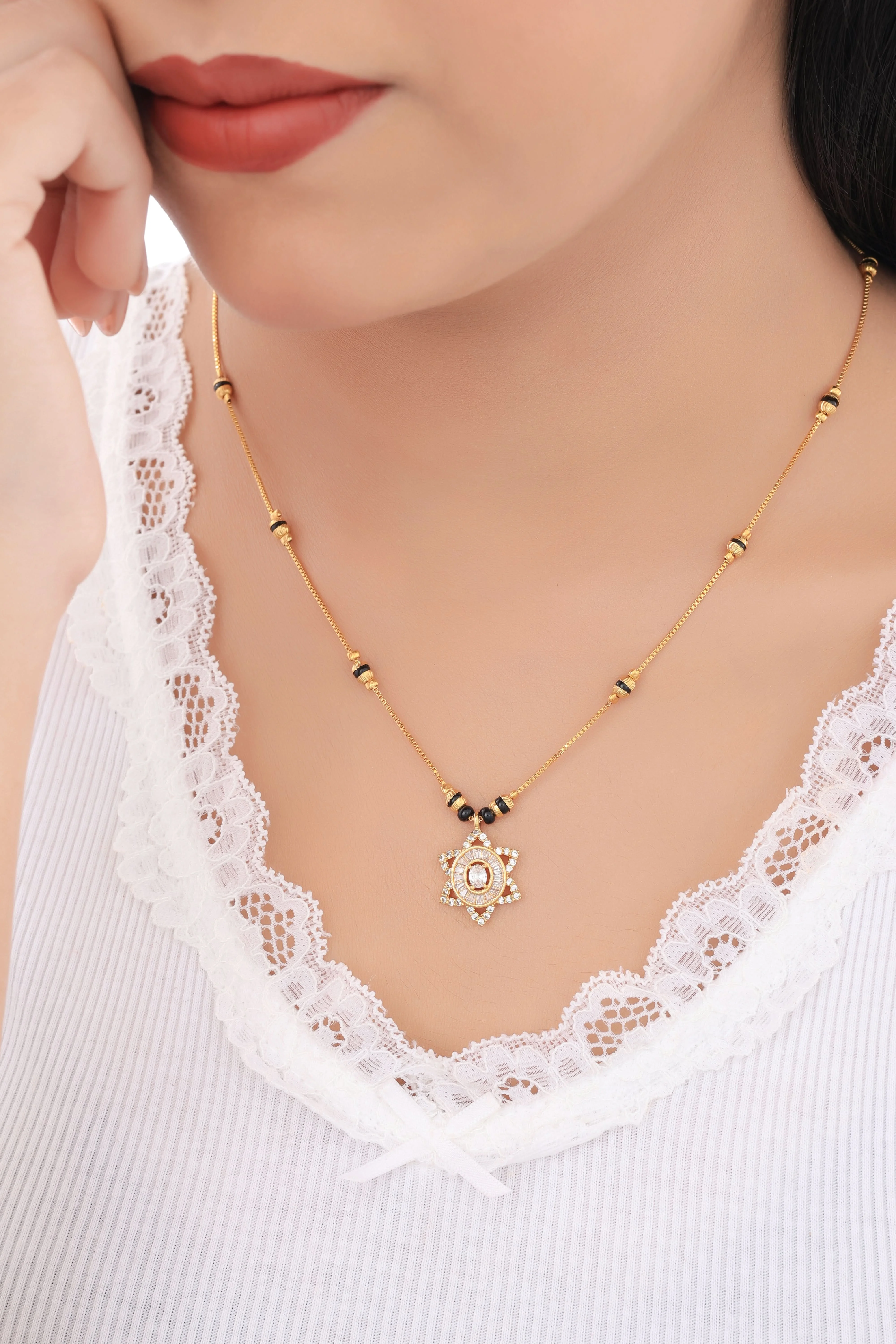 Buy 1 Get 1 Free - Star Bloom Oval CZ Mangalsutra | Gold Finish Black Beads Necklace
