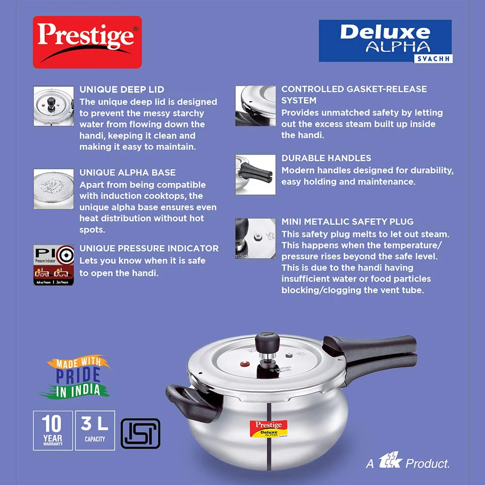 Prestige Svachh Deluxe Alpha Mini Pressure Handi,With Deep Lid For Spillage Control,3 Liter,Stainless Steel,Silver,Outer Lid - image 5