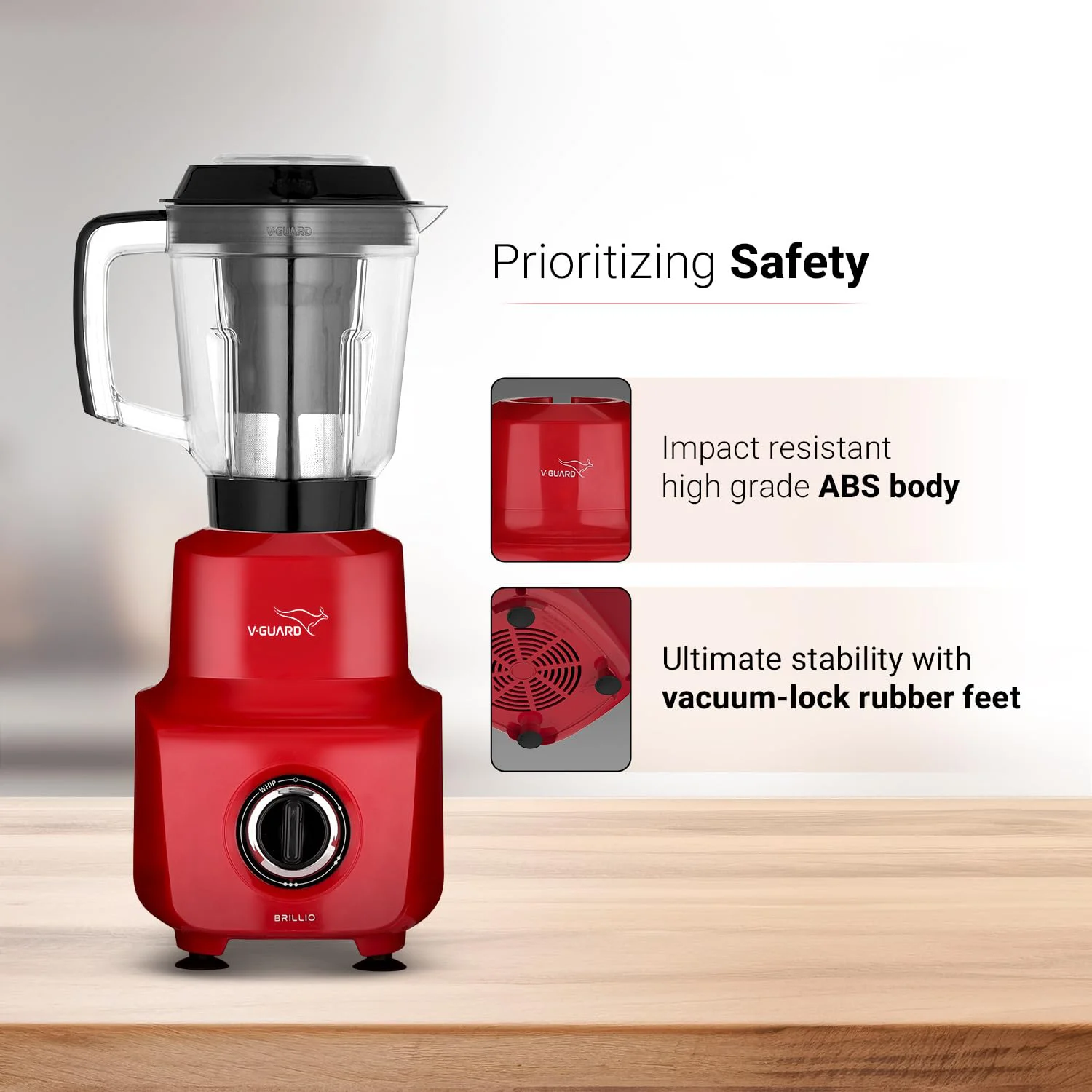 V-Guard Brillio 750 Watt Juicer Mixer Grinder, 3 Year Motor Coverage by V-Guard, 4 Jars(Chutney, Dry, Wet & Juicer), Sturdy Juicer Jar With Quadraflow Design, Precisionblend Ss Blades, Mars Red - image 3