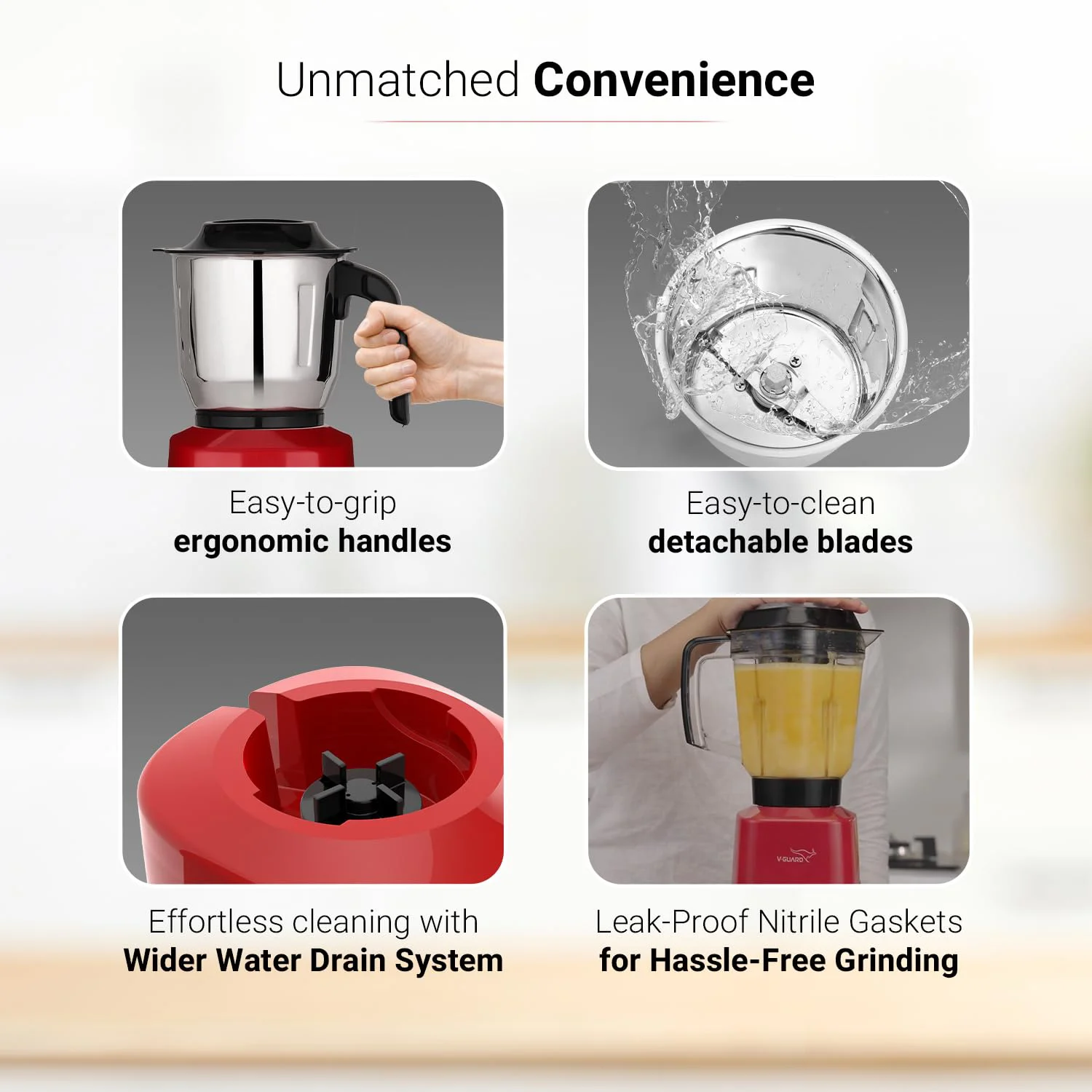 V-Guard Brillio 750 Watt Juicer Mixer Grinder, 3 Year Motor Coverage by V-Guard, 4 Jars(Chutney, Dry, Wet & Juicer), Sturdy Juicer Jar With Quadraflow Design, Precisionblend Ss Blades, Mars Red - image 5