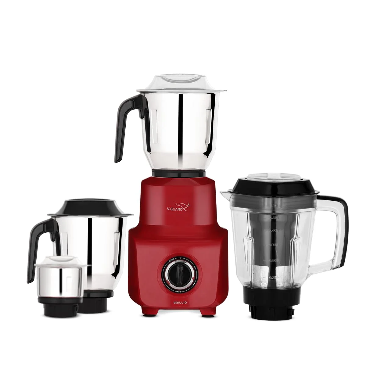 V-Guard Brillio 750 Watt Juicer Mixer Grinder, 3 Year Motor Coverage by V-Guard, 4 Jars(Chutney, Dry, Wet & Juicer), Sturdy Juicer Jar With Quadraflow Design, Precisionblend Ss Blades, Mars Red - image 1