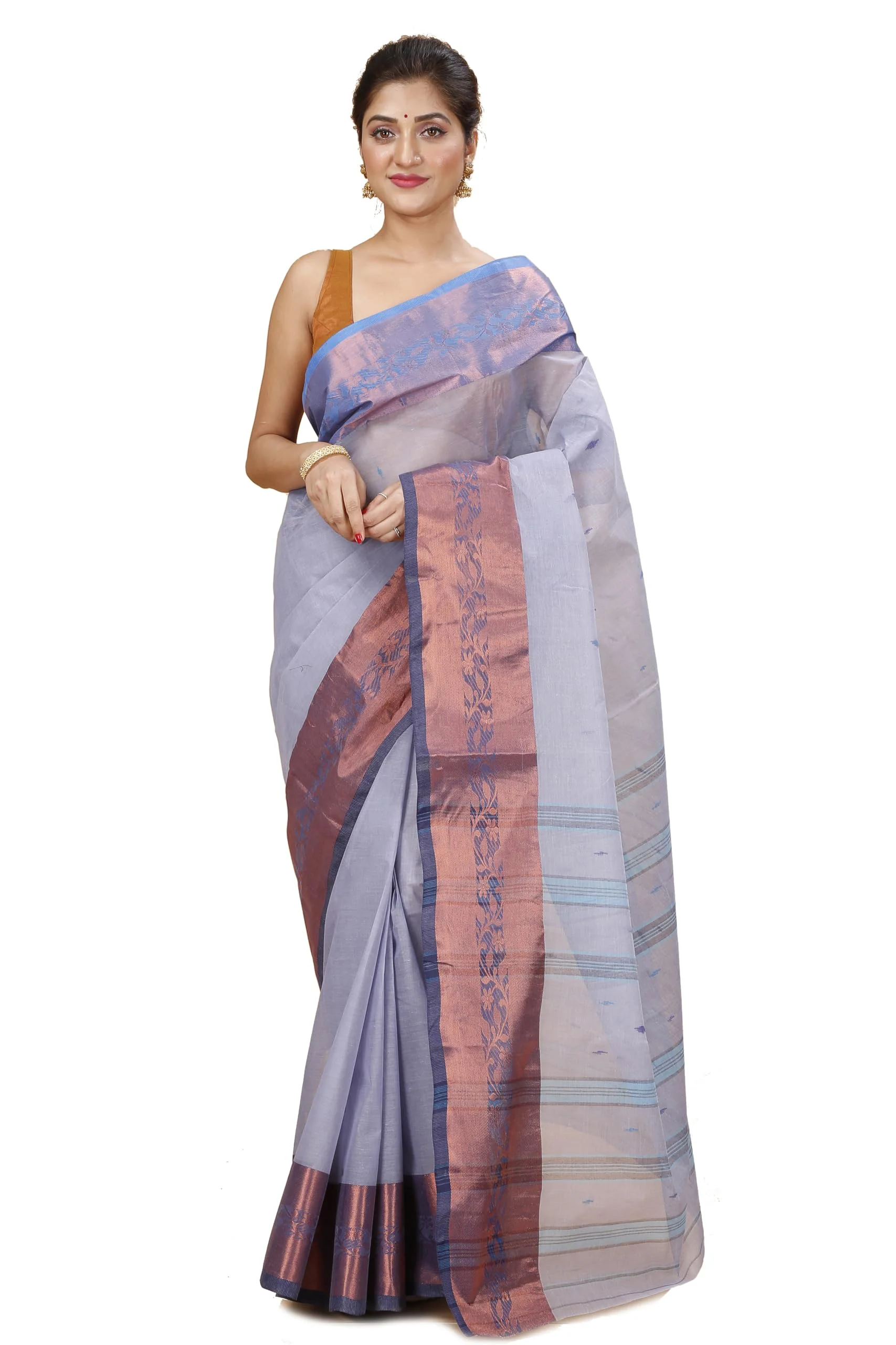 Laxmi Handloom Women's Traditional Bengal Tant Handloom Pure Cotton Tangail Zari Border Saree without Blouse Piece (Grey)