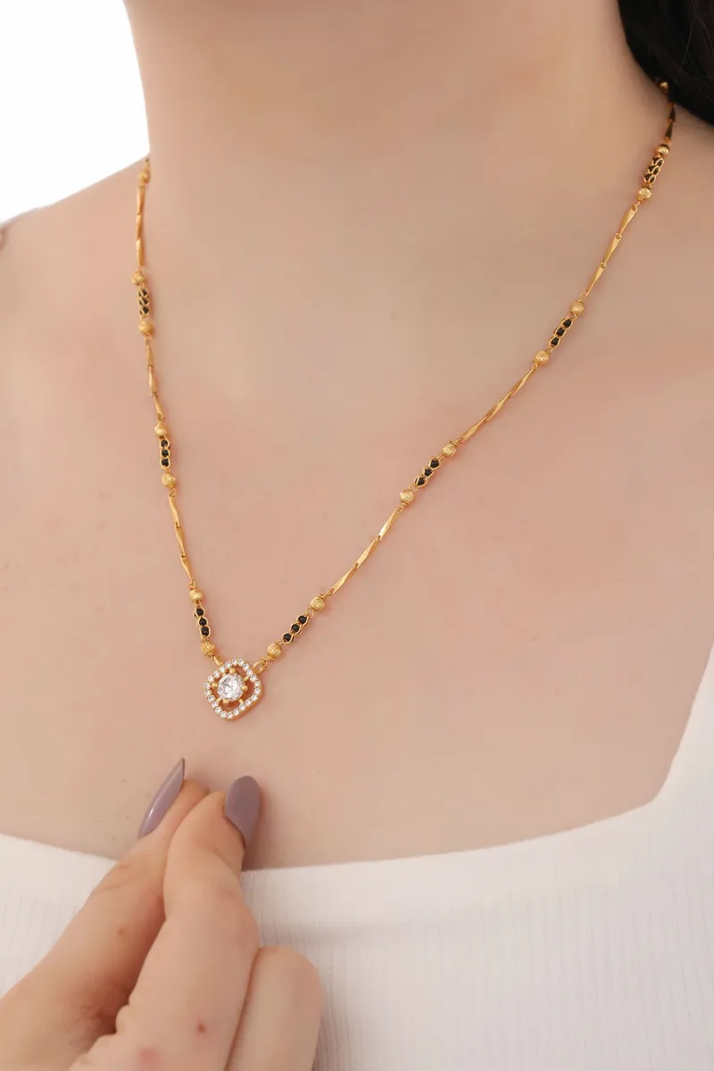 Buy 1 Get 1 Free -Square Halo Solitaire Pendant Gold Chain Mangalsutra