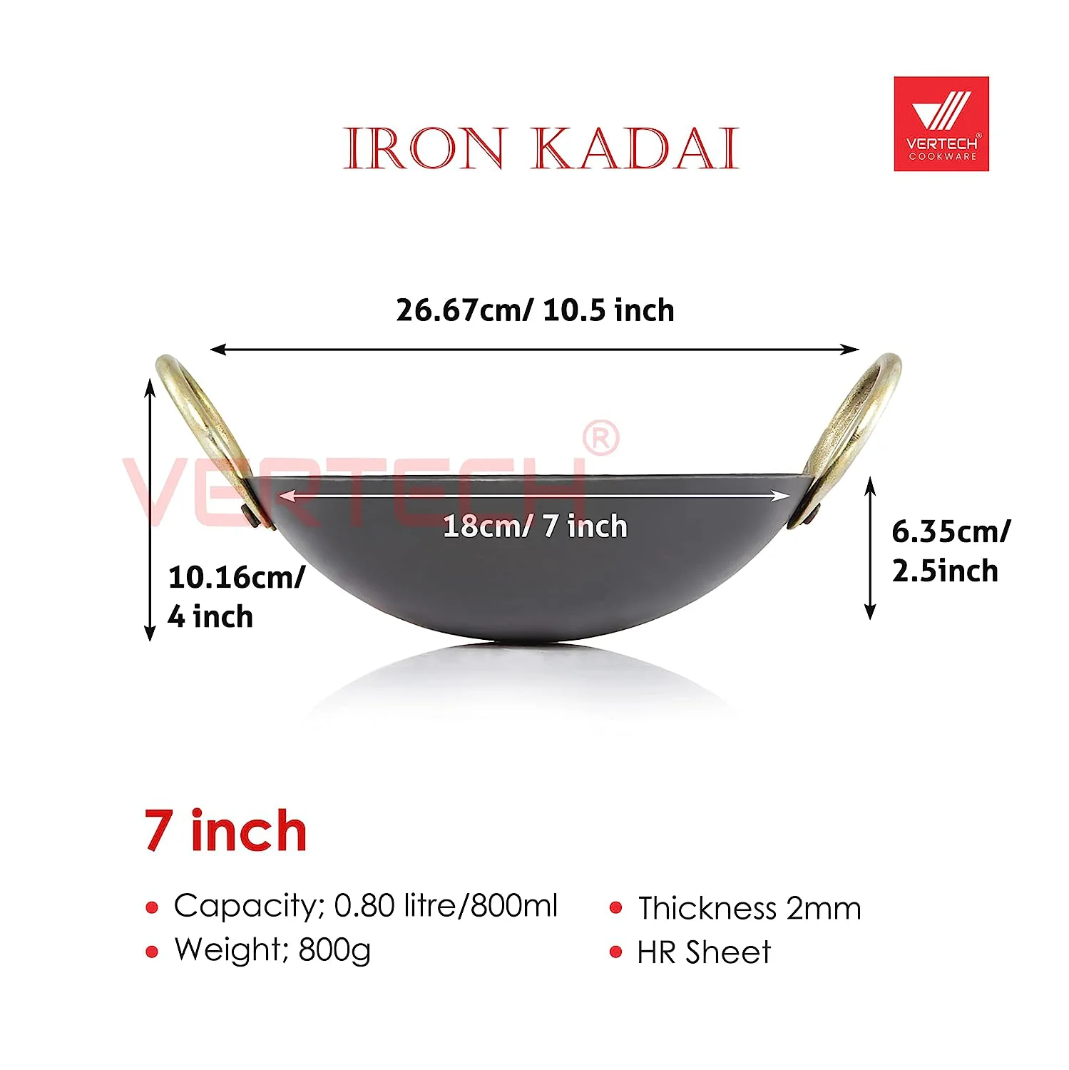 VERTECH COOKWARE® Natural Pure Iron (Loha) Kadhai Traditional,Kadai/Fry Pan/Frying Kadhai Handmade Lokhand with Golden Handle (800 ML/7 inch) - image 3