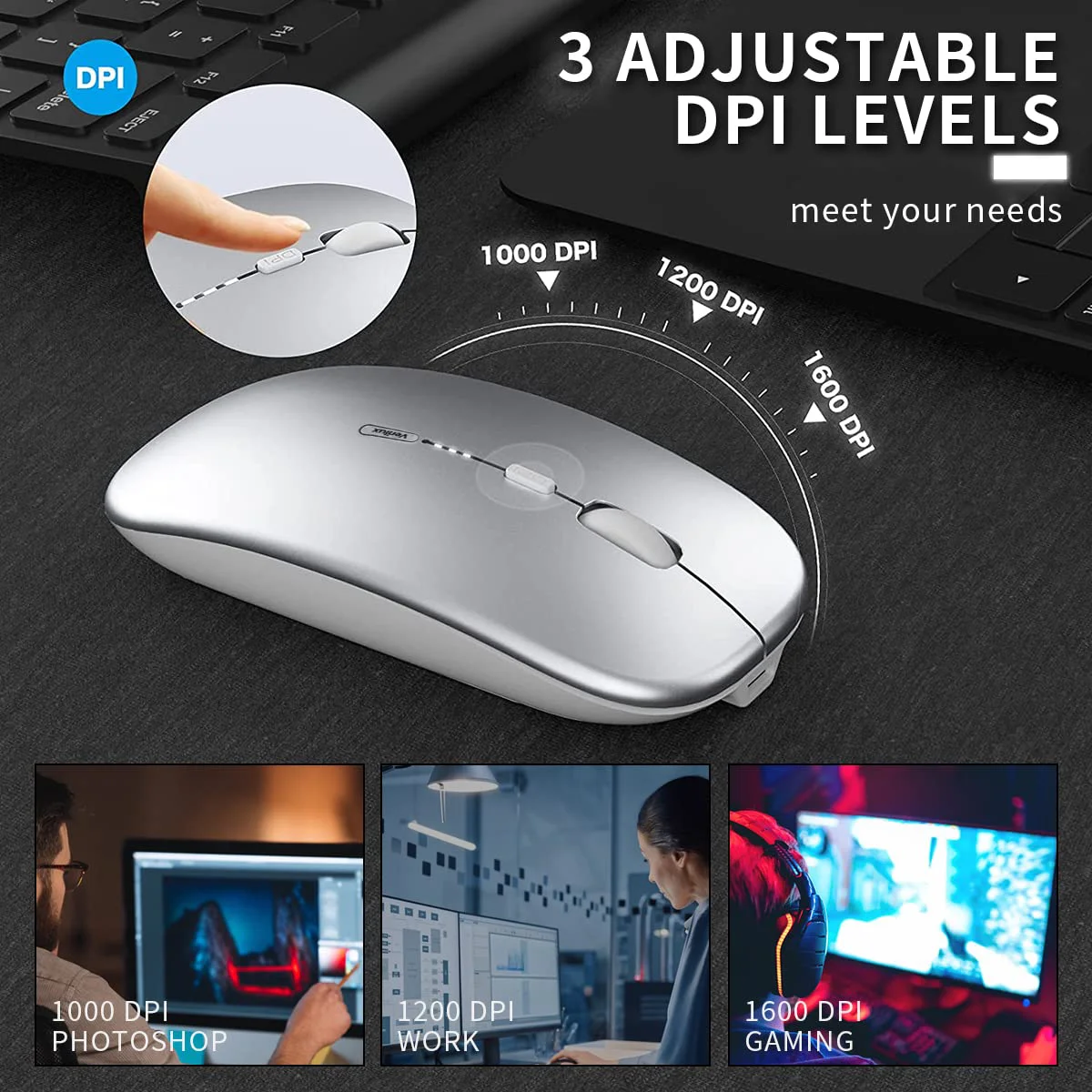 Verilux® Wireless Mouse Rechargeable, Upgraded Ultra Slim 2.4G Silent Cordless Mouse Computer Mice 1600 DPI with USB Receiver for Laptop PC Mac MacBook, Windows (Space Sliver+ Battery Level Visible) - image 5