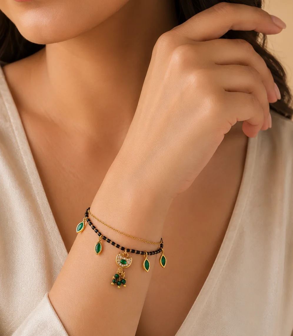 Green AD Stone with Black Beads & Gold Finish Mangalsutra Bracelet