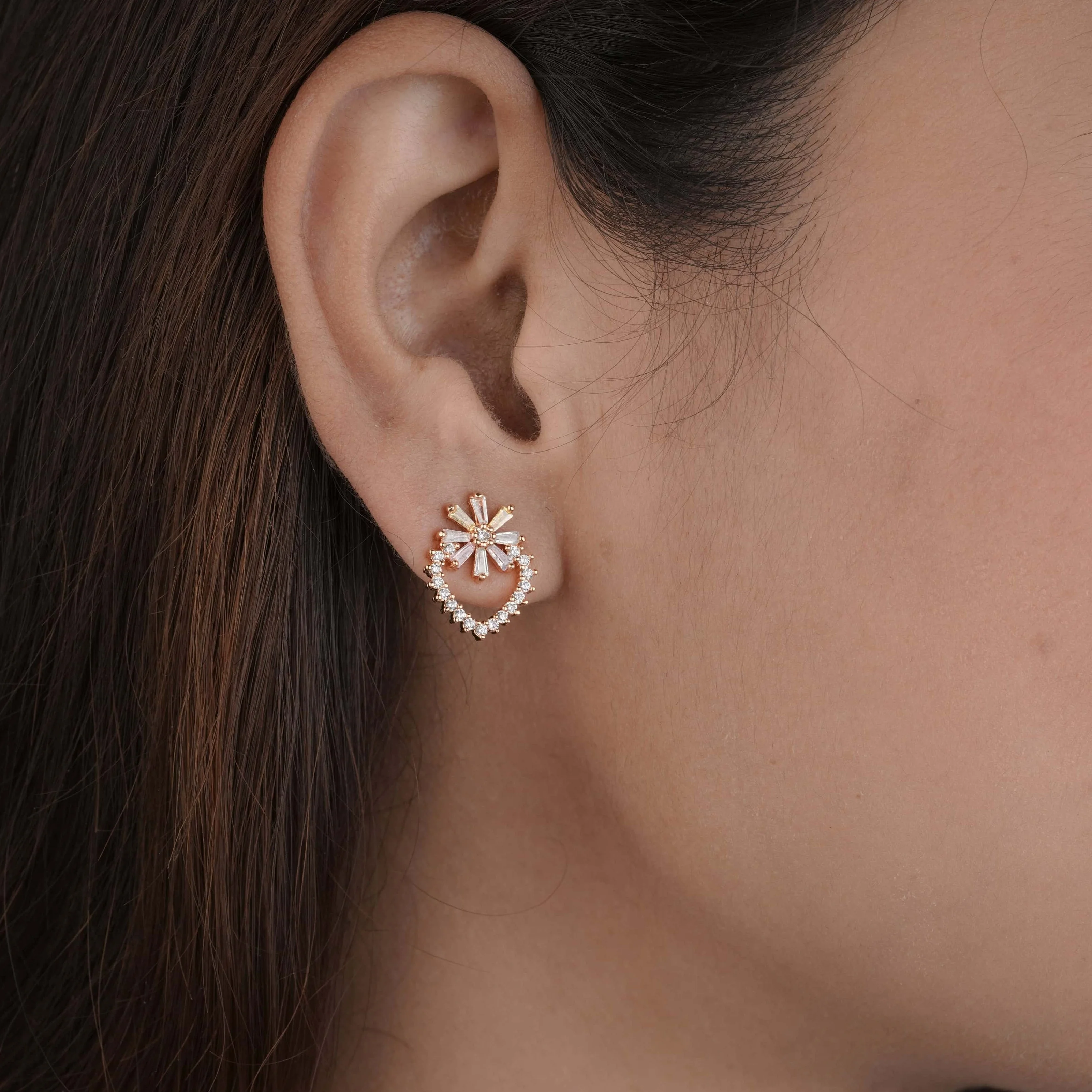 Buy 1 Get 1 Free -American Diamond rose gold  heart &flower shape Earrings