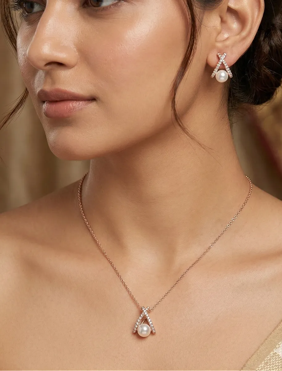 Rose Gold Pearl Sparkle Pendant Set with Earrings
