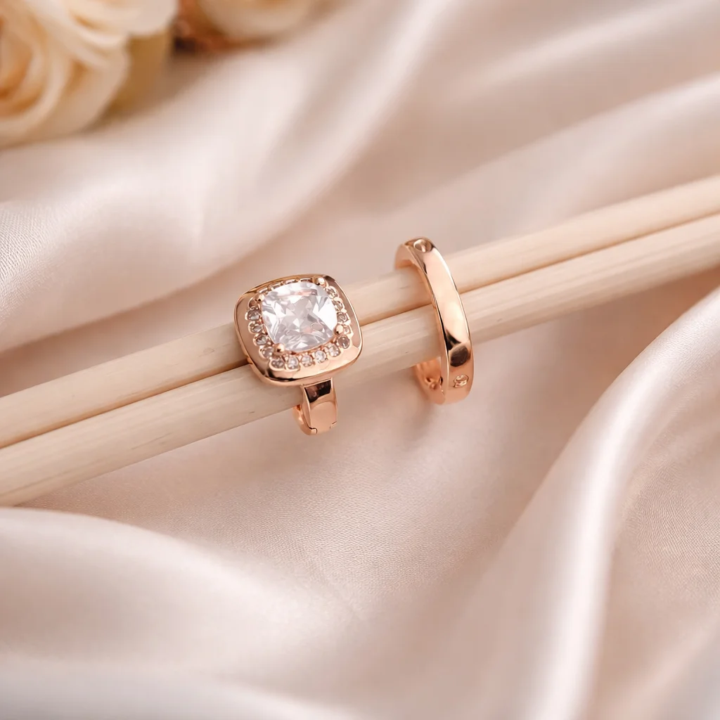 Buy 1 Get 1 Free -American Diamond Rose Gold Square Shape Delicate Fancy Bali