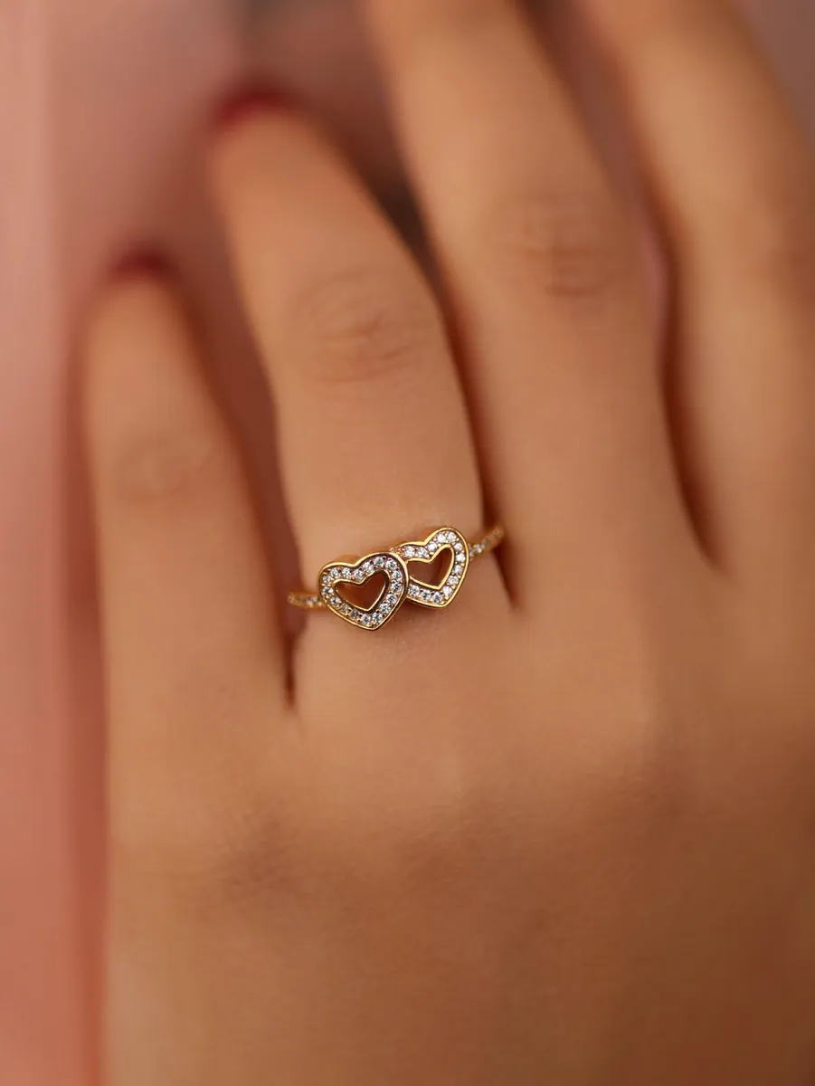 Double Heart Love Ring – American Diamond Sparkling Finish