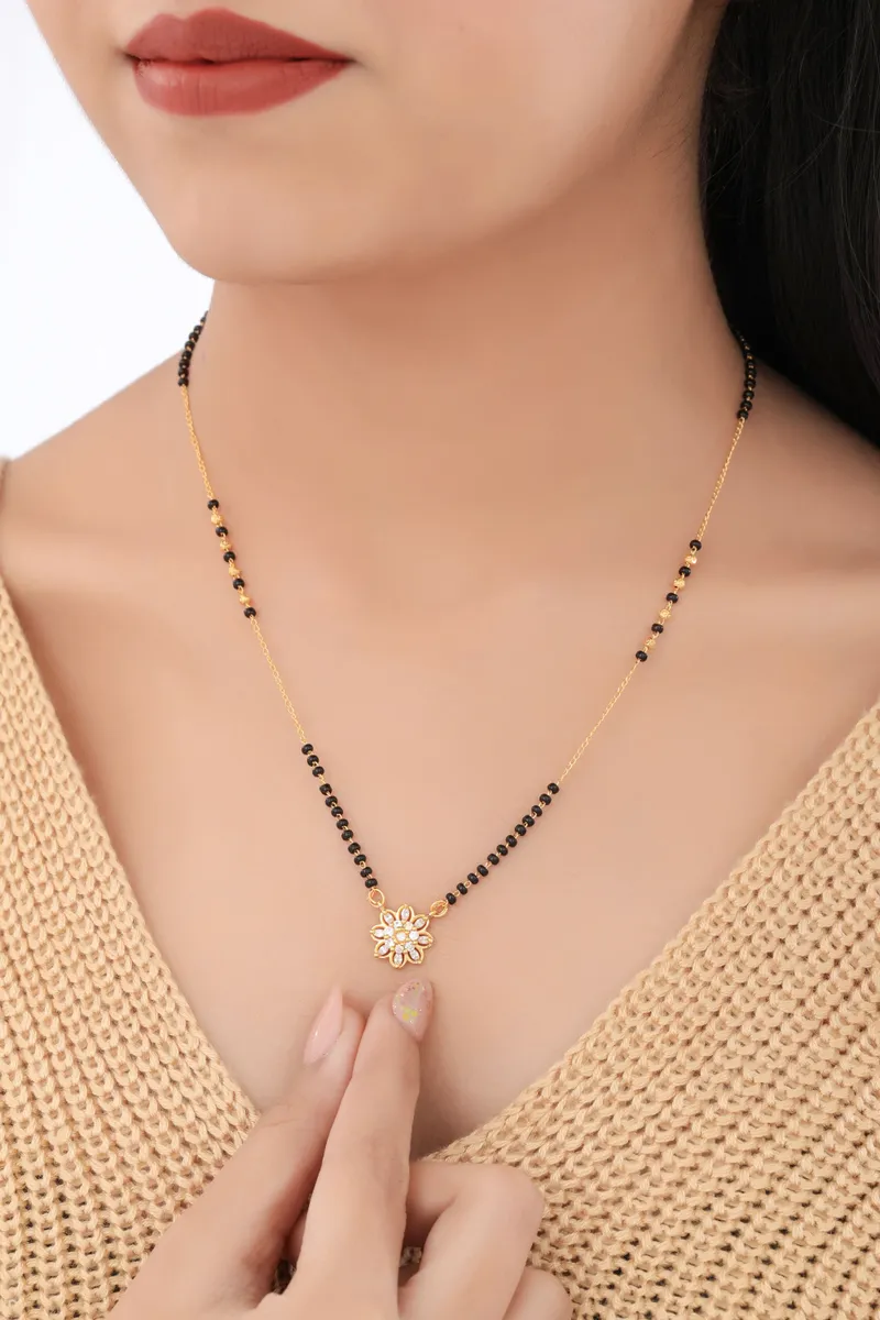 Buy 1 Get 1 Free - Floral Sparkle Pendant Mangalsutra with Black Beads (Daily Wear)
