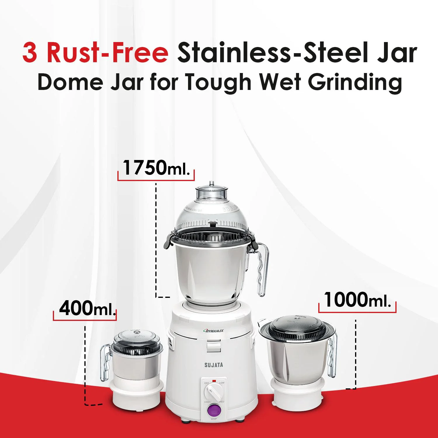 Sujata Dynamix 900 Watts Mixer Grinder | 22000 Rotations Per Min | 90 Minutes Continuous Running | 3 Versatile Jars 1500 ml, 1000 ml and 400 ml - image 3