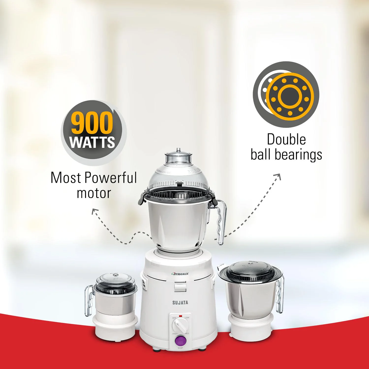 Sujata Dynamix 900 Watts Mixer Grinder | 22000 Rotations Per Min | 90 Minutes Continuous Running | 3 Versatile Jars 1500 ml, 1000 ml and 400 ml - image 5