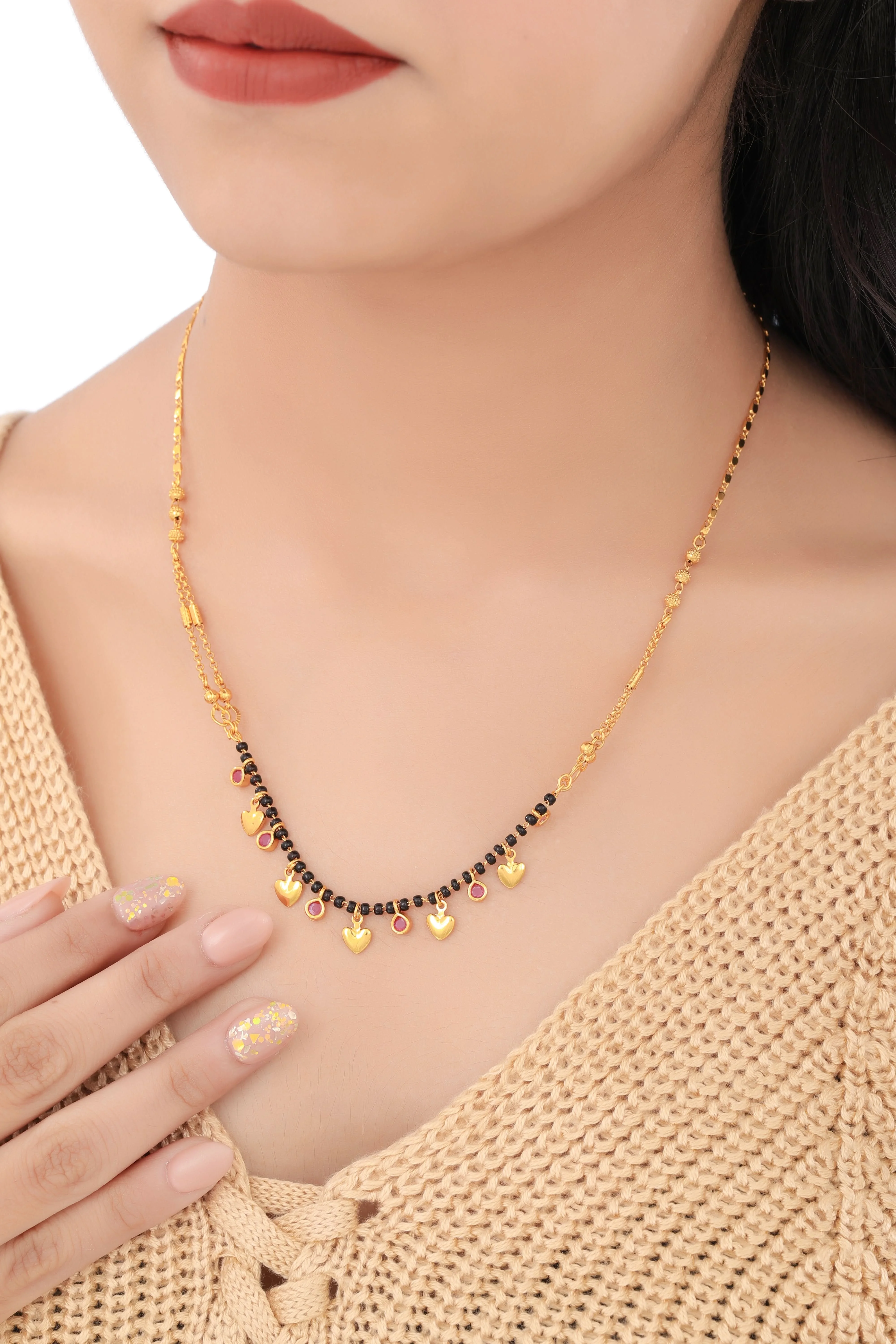 Buy 1 Get 1 Free - Cute Heart Charm Mangalsutra | Gold Finish Black Beads Chain