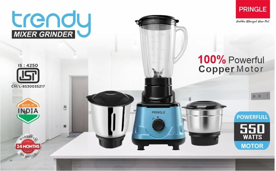 Pringle Trendy 3 Jar Mixer Grinder with 550W 100% Copper motor | 304 Grade Stainless Steel Blade| 24 month onsite warranty - image 4