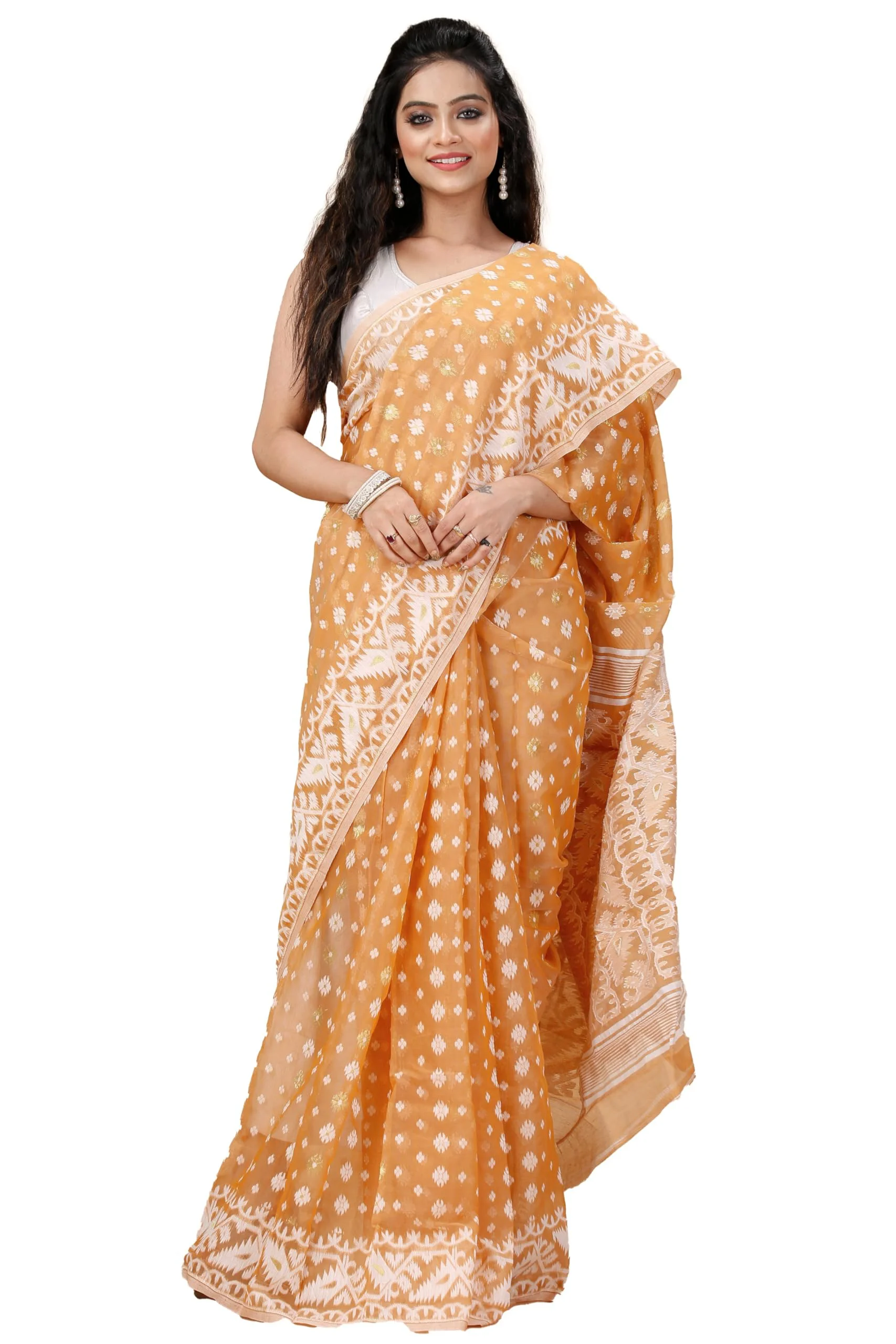 OISHANI SAREE GHOR Women's Traditional Bengal Cotton Silk Jamdani Saree (BROWN)