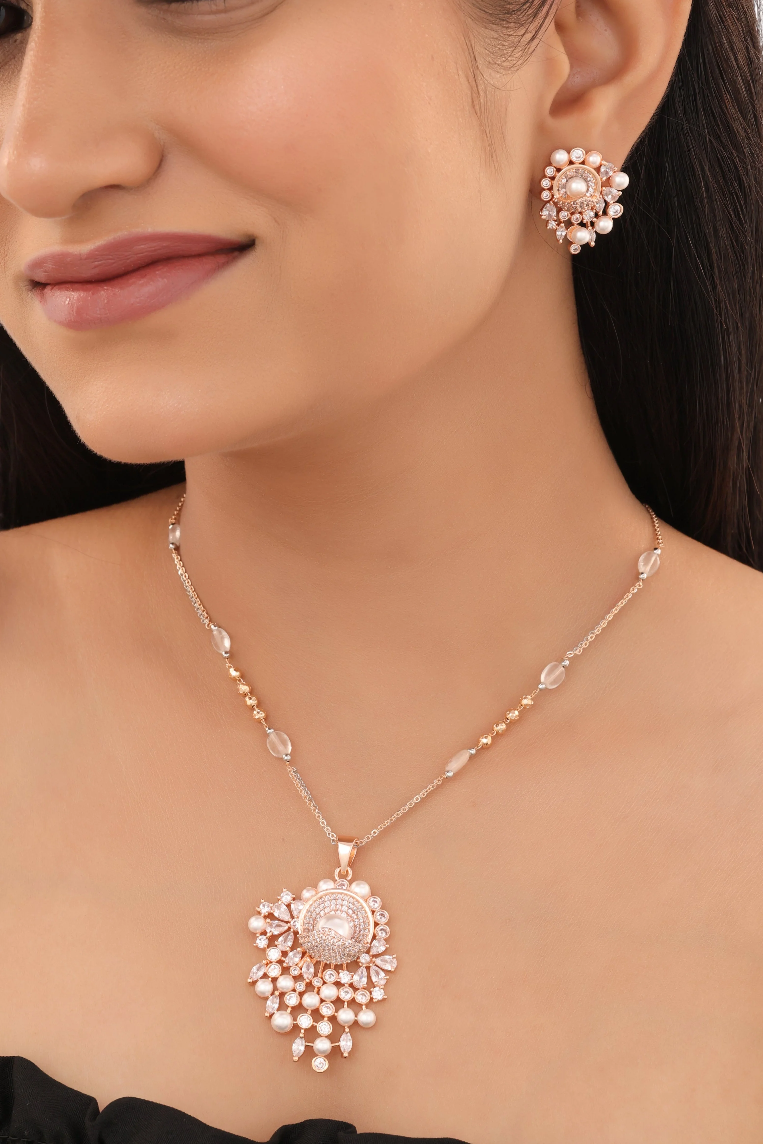 Rose Gold Finish Pearl Drop Pendant Necklace Set with Stud Earrings