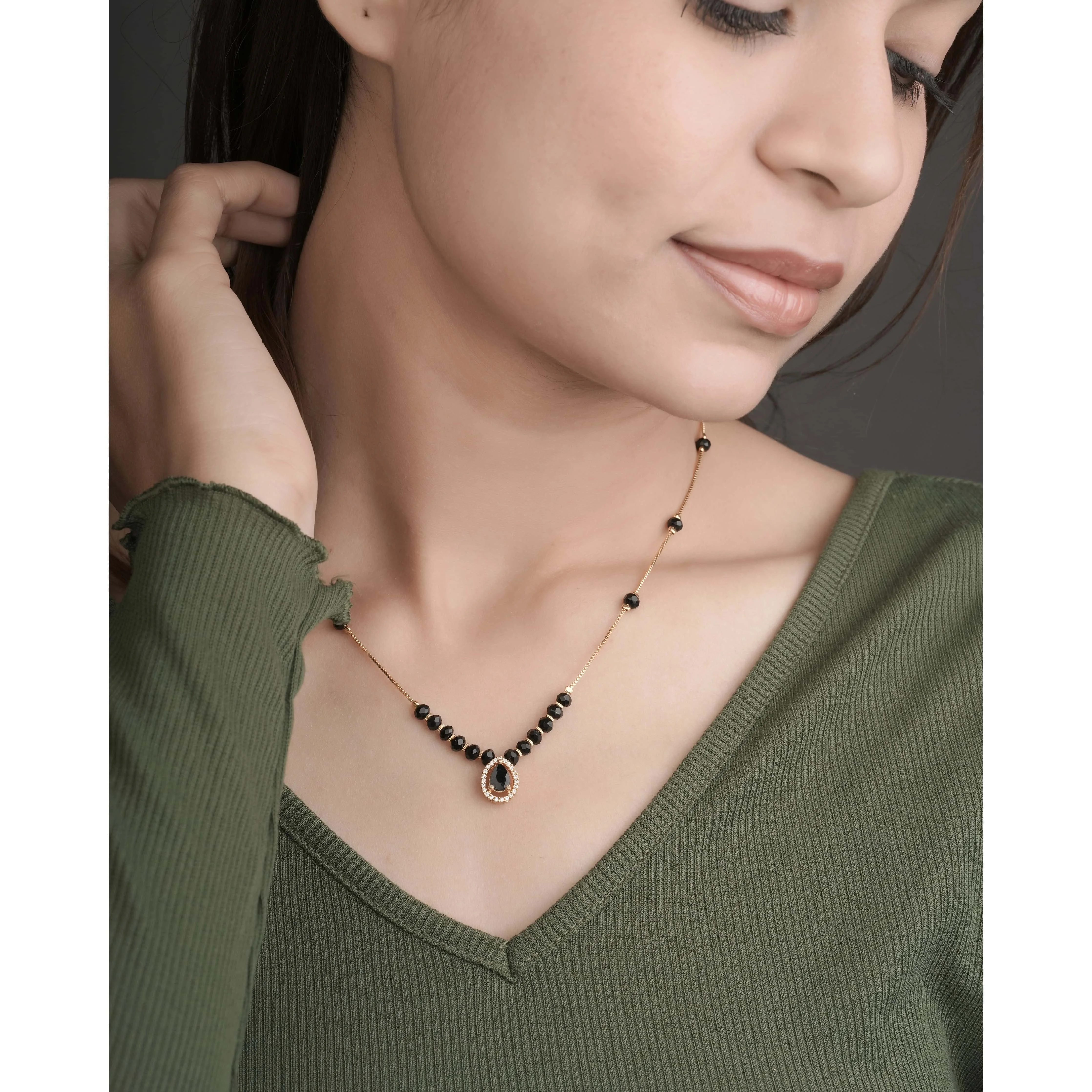 Buy 1 Get 1 Free - Black Stone Halo Drop Mangalsutra