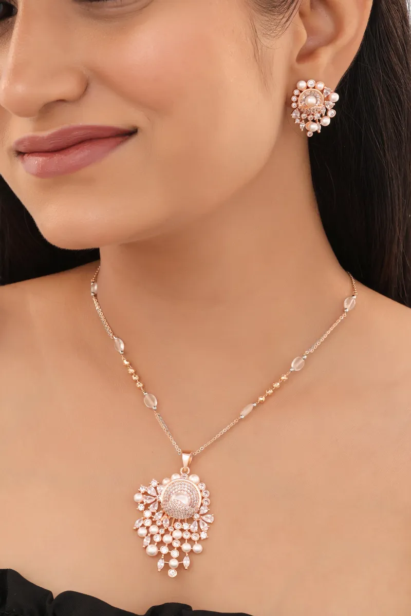 Rose Gold Finish Pearl Drop Pendant Necklace Set with Stud Earrings