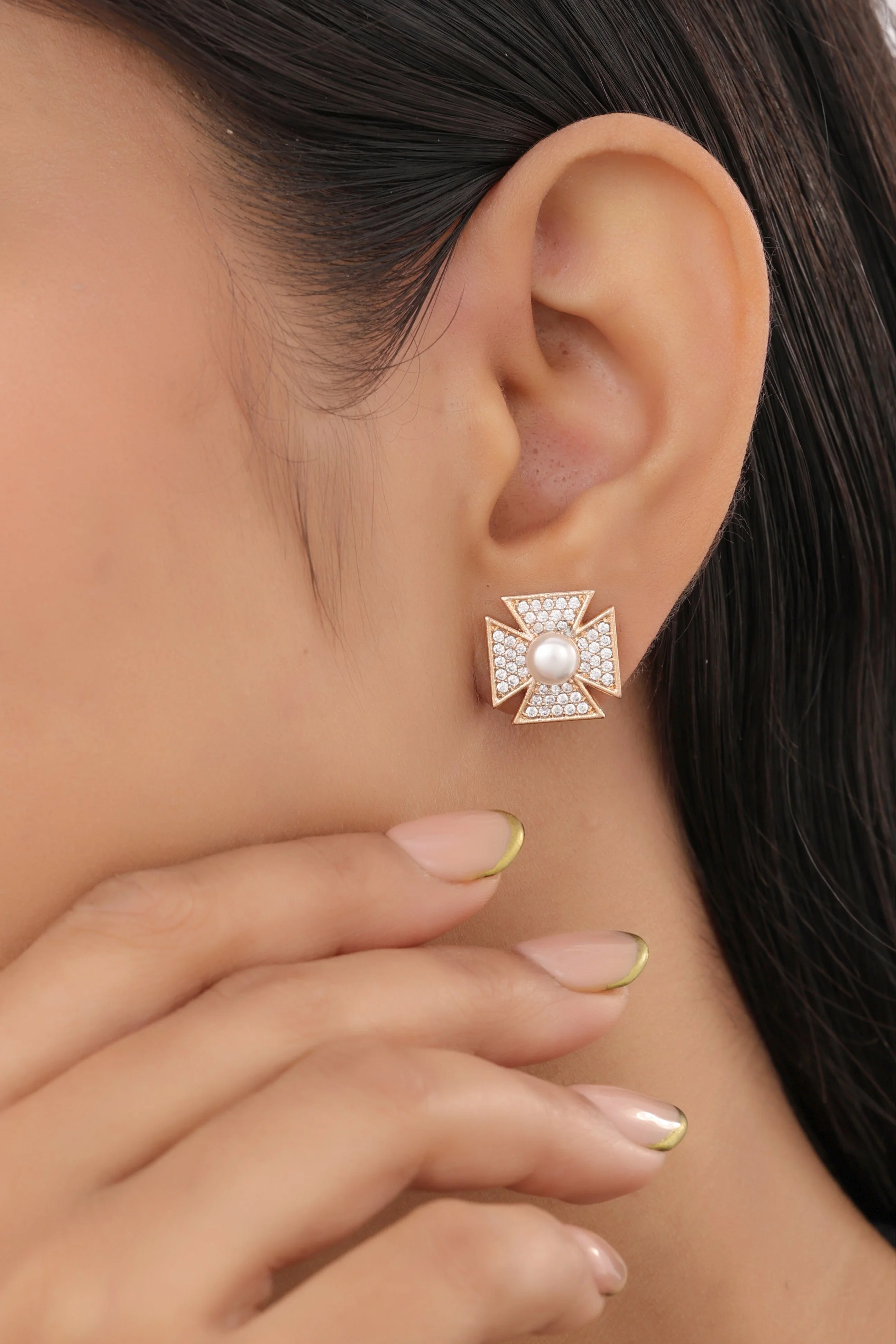 Buy 1 Get 1 Free -American Diamond Rose Gold And Silver Plated  Delicate Design Earrings Tops