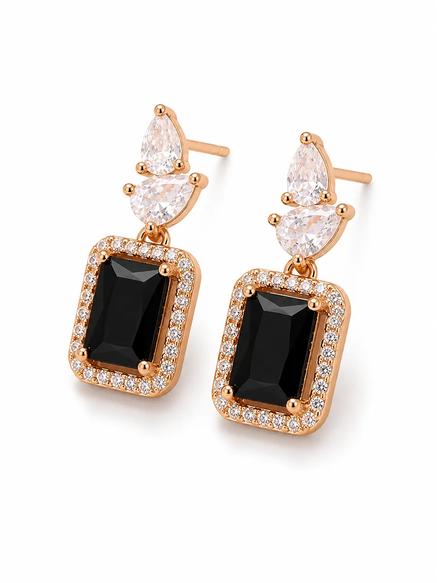 Buy 1 Get 1 Free -Rose gold Rectangle black Diamond fancy Earrings.