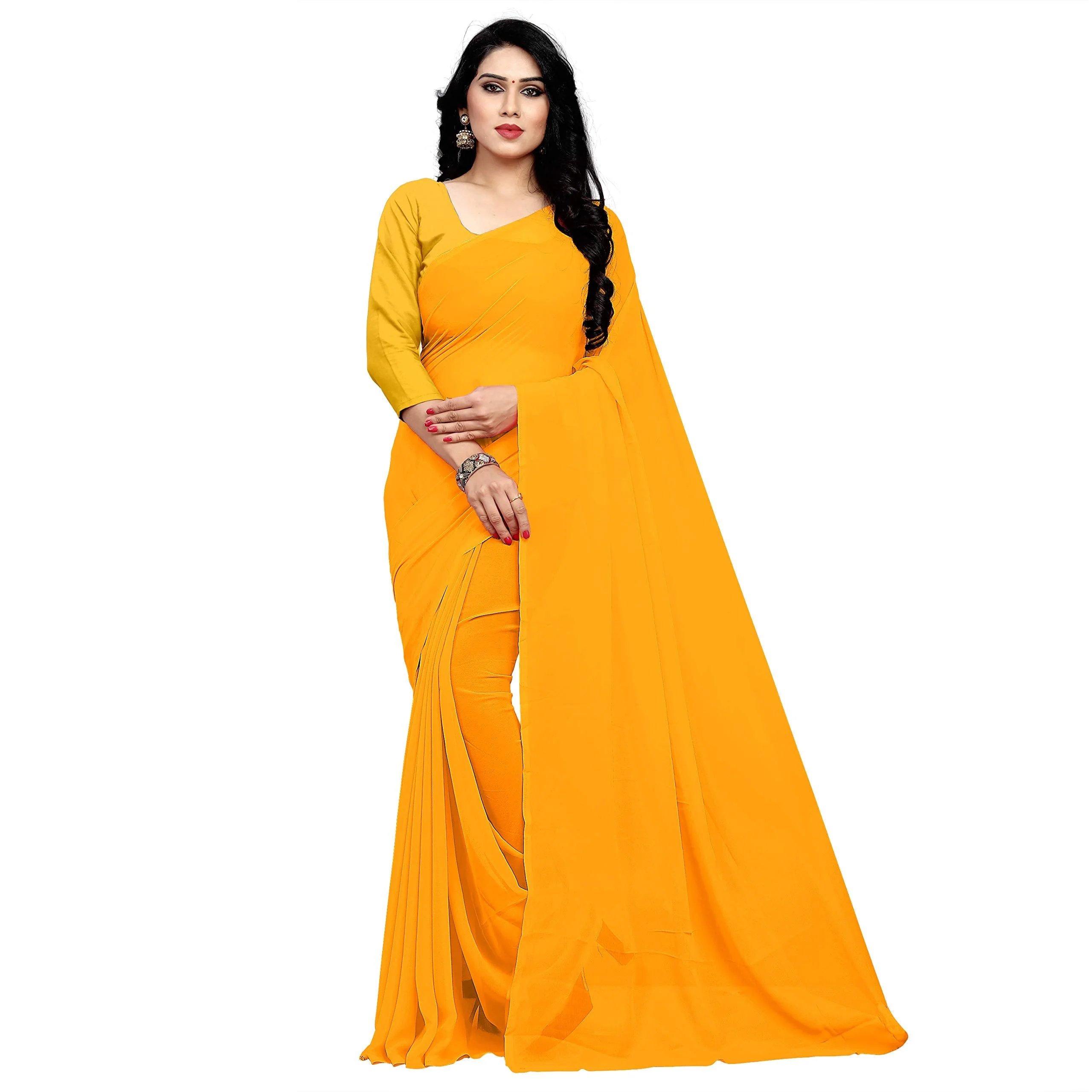 Sidhidata Women's Georgette Saree With Unstiched Blouse Piece (plain-gold-_Gold), Free Size - image 2