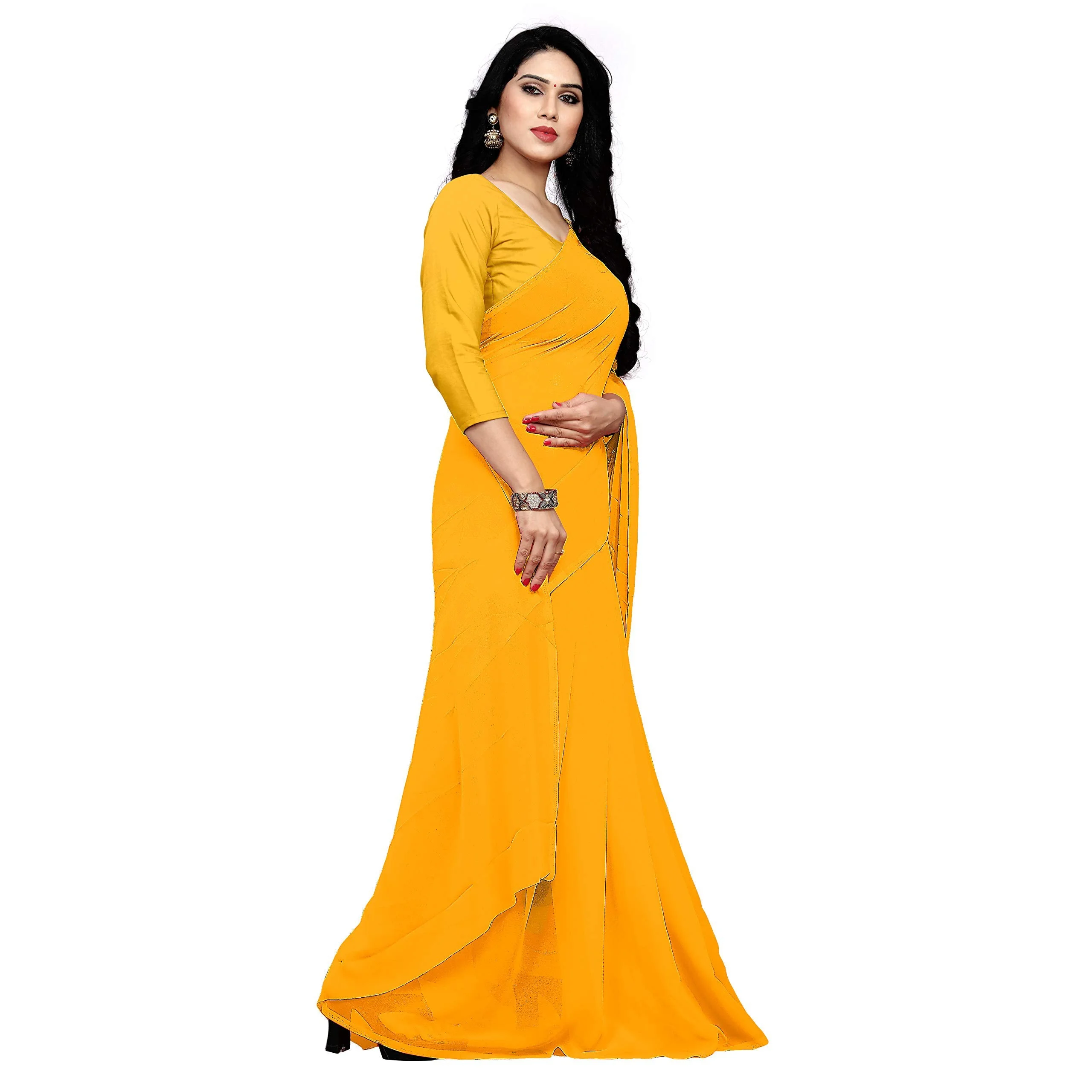 Sidhidata Women's Georgette Saree With Unstiched Blouse Piece (plain-gold-_Gold), Free Size - image 5