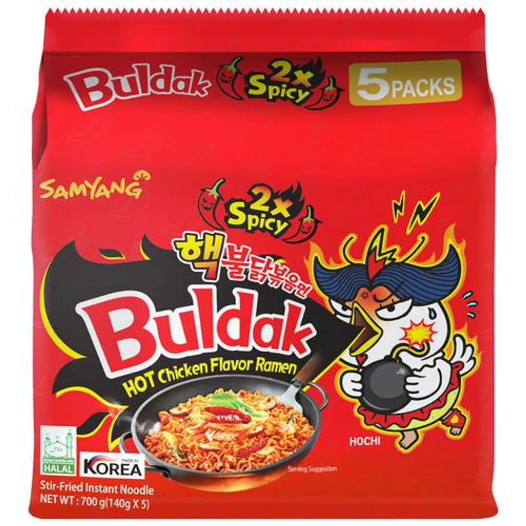 Buldak 2x Spicy Hot Chicken Flavor Ramen - Instant Stir-Fried Noodle, 140 g (Pack of 5)