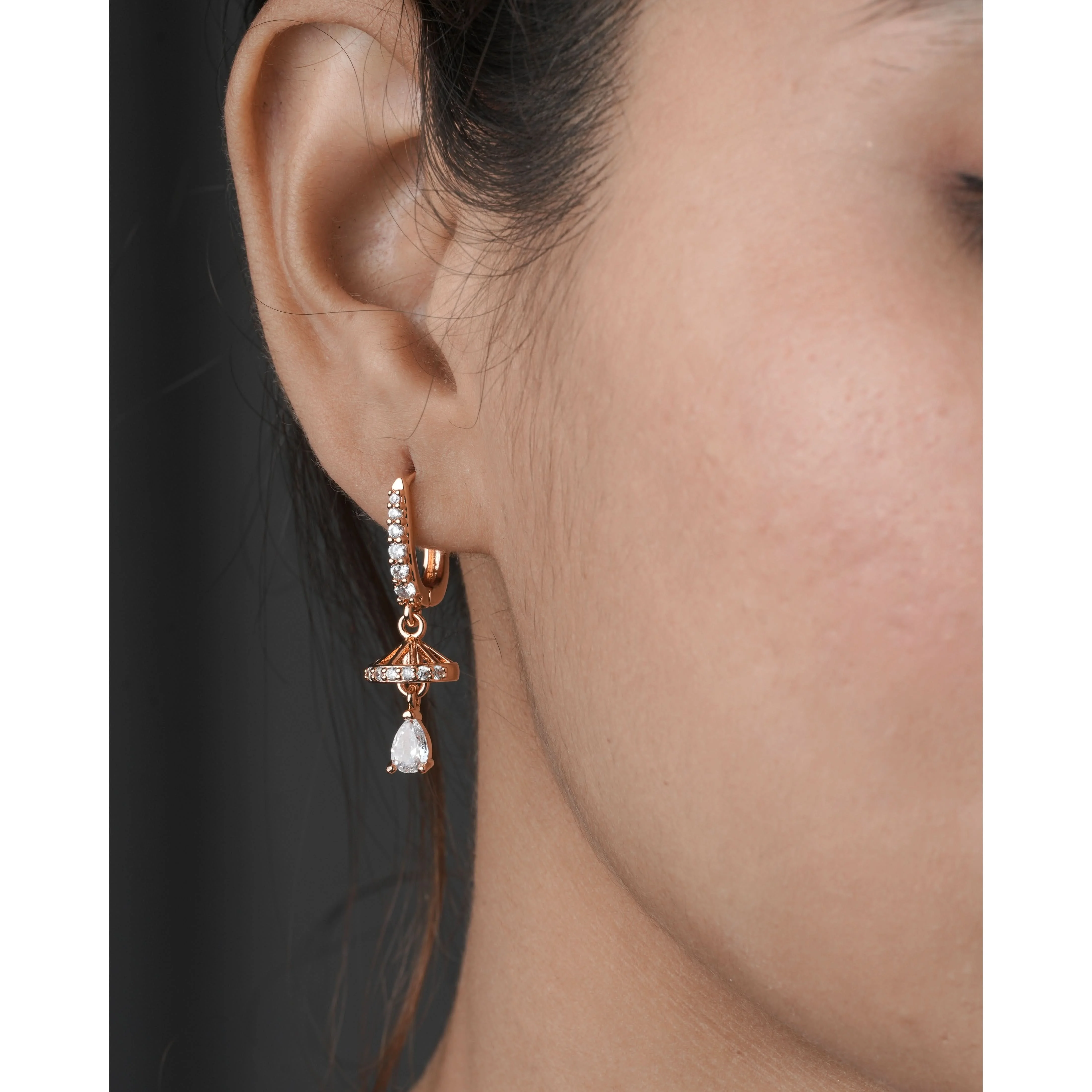 Buy 1 Get 1 Free -American Diamond Rose Gold Hanging Fancy Delicate Bali