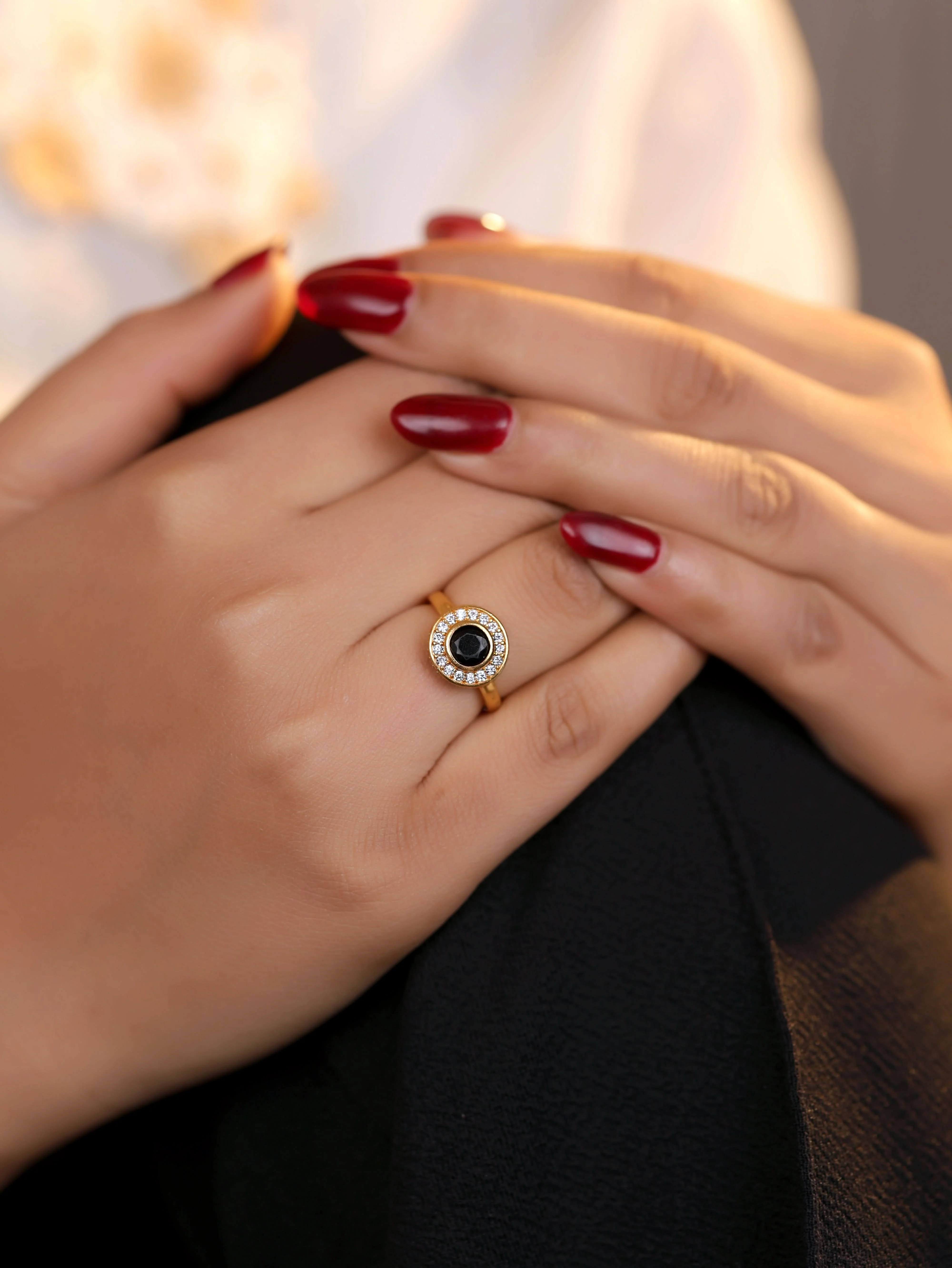 American Diamond High gold round black delicate Ring