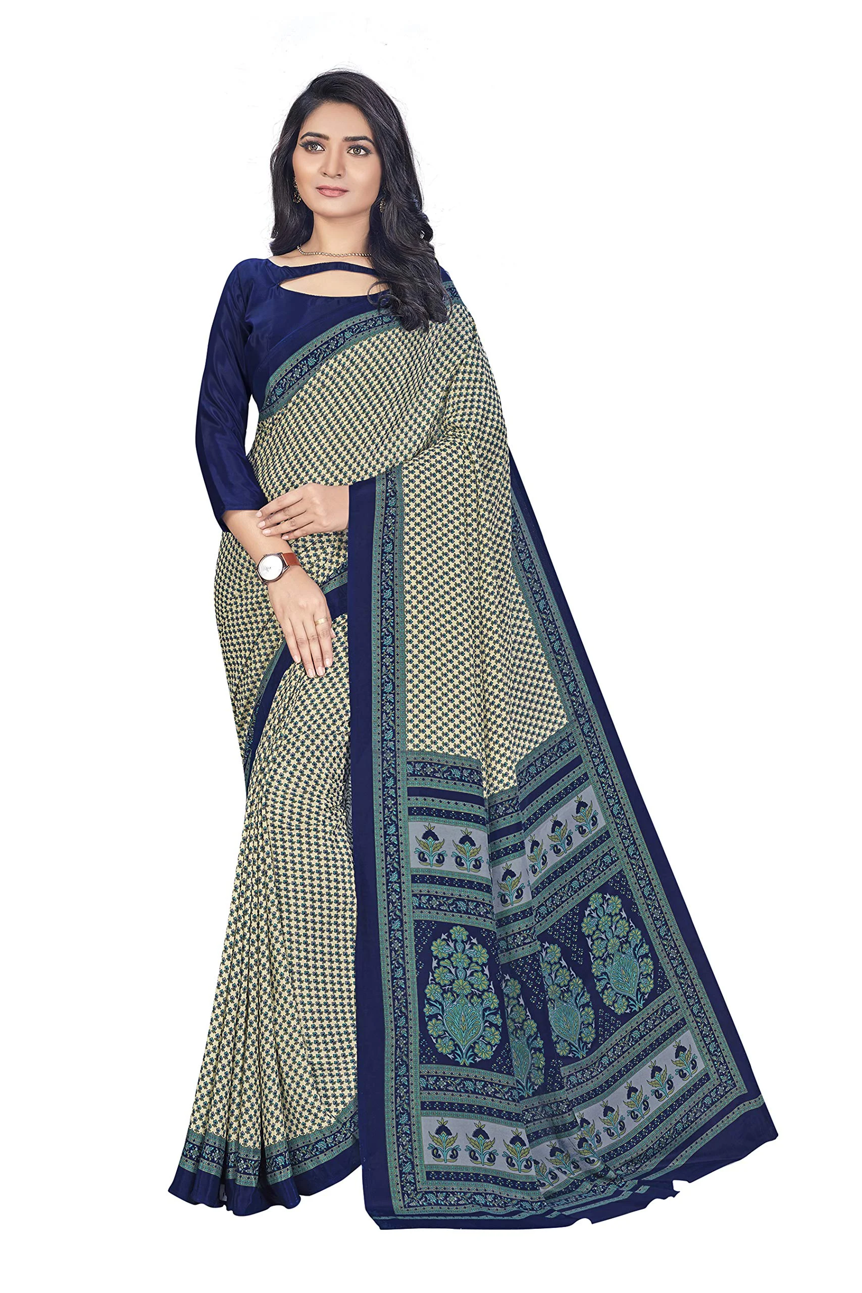 Vimla Women's Beige Crepe Silk Uniform Saree with Blouse (Beige; 1305_AC_Free Size) - image 2